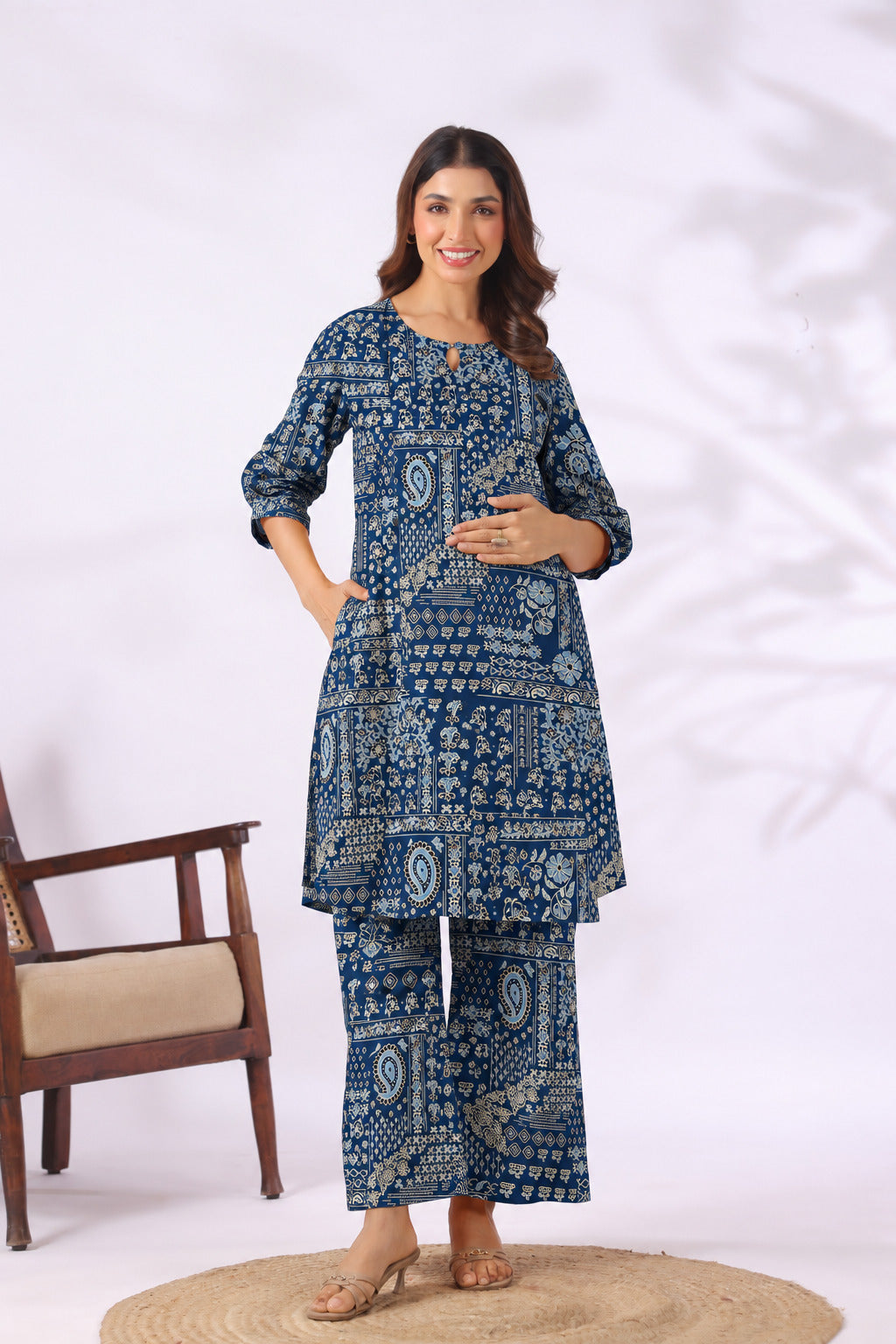 Indigo Folk Patch Cotton Maternity - Nursing Co-ord Set
