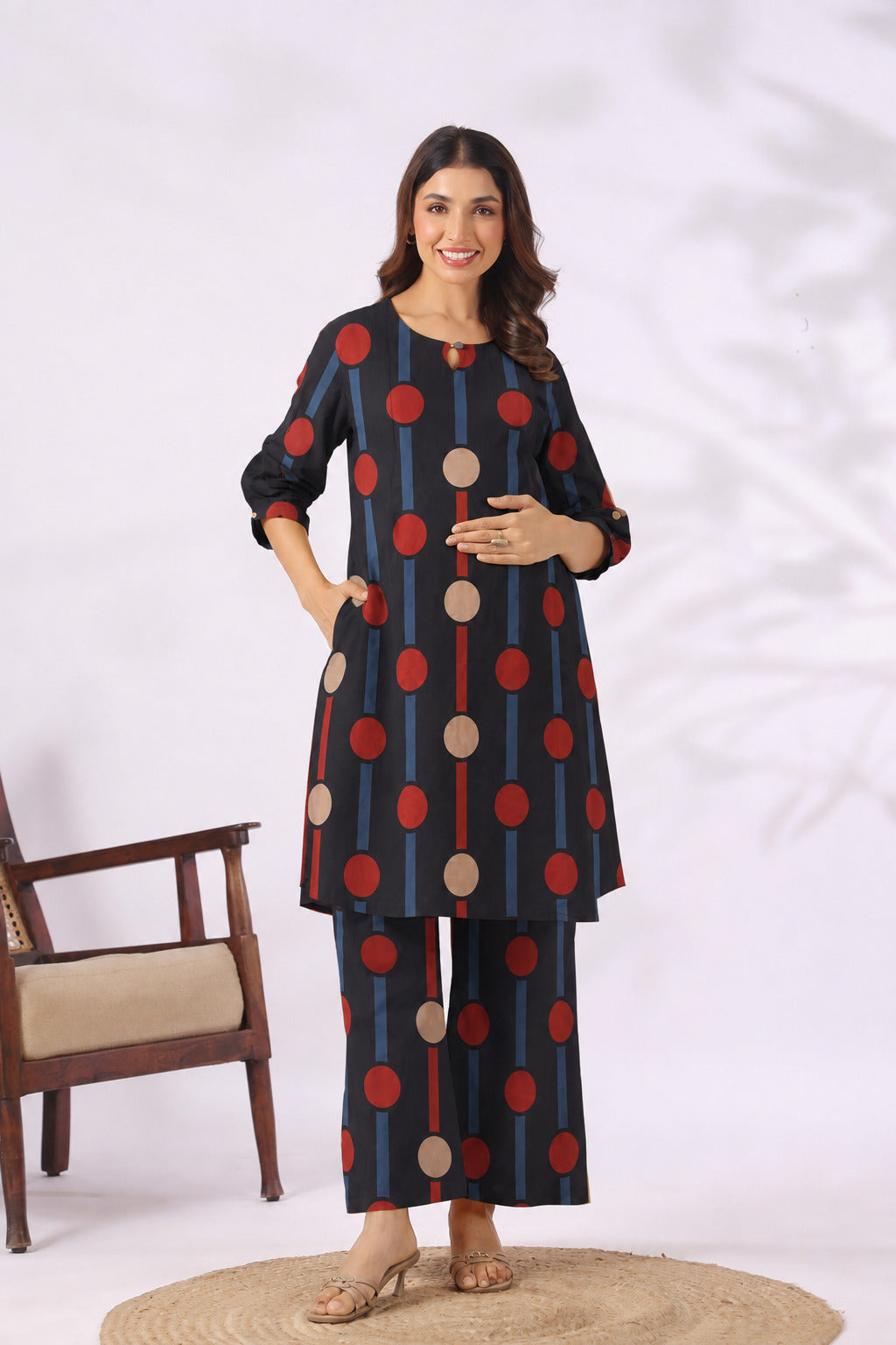 Black Geometric Ajrakh Cotton Maternity - Nursing Co-ord Set