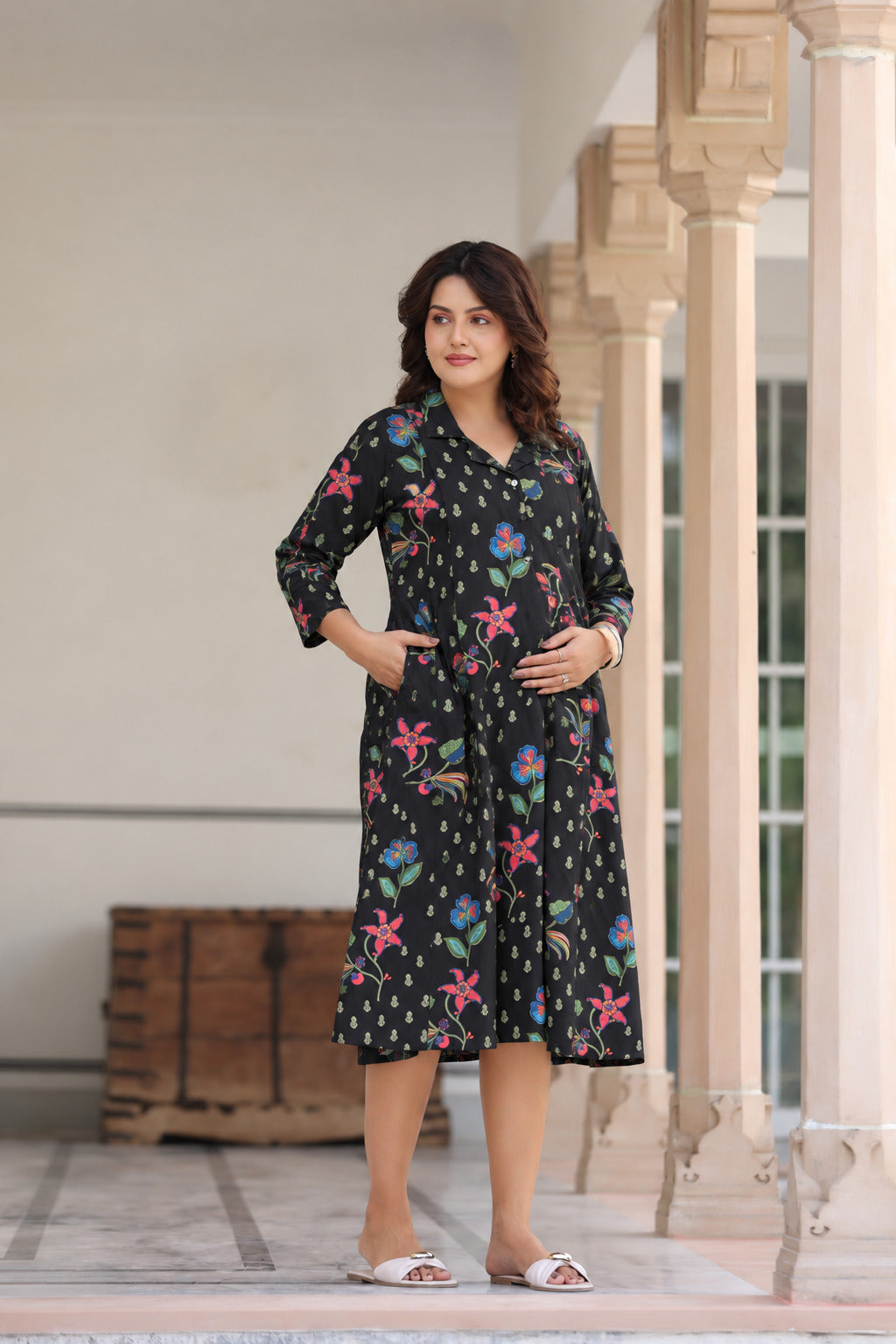 Wildflower Noir Cotton Maternity - Nursing Dress