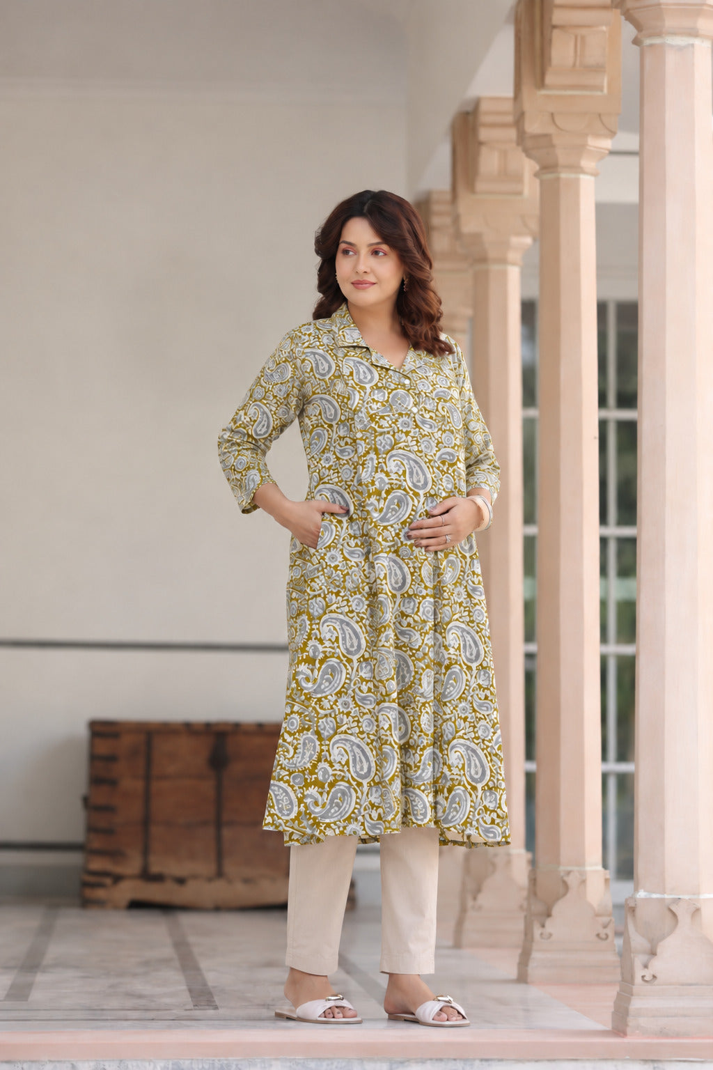 Olive Paisley Cotton Maternity - Nursing Kurti