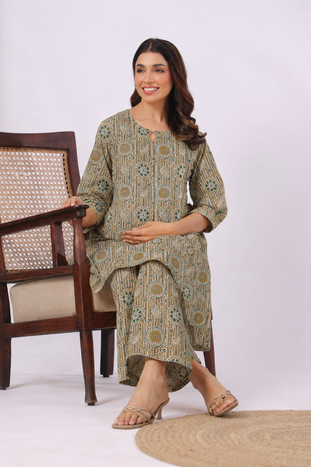 Olive Kalamkari Cotton Maternity - Nursing Co-ord Set
