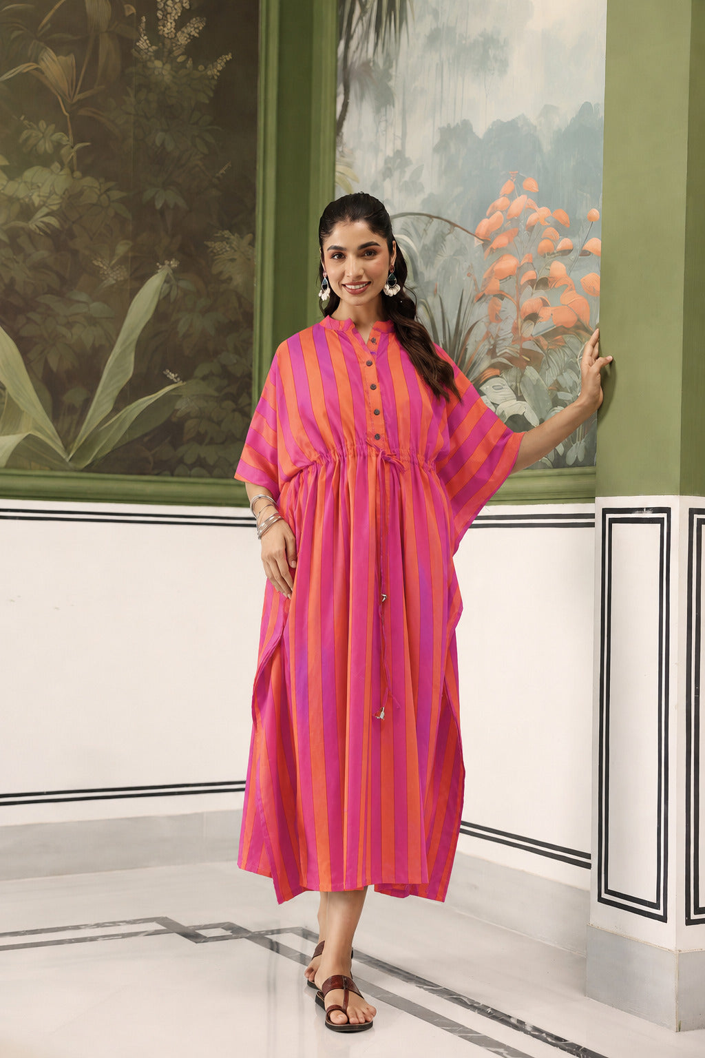 Rani Coral Stripes Cotton Maternity - Nursing Kaftan ( One-Size )