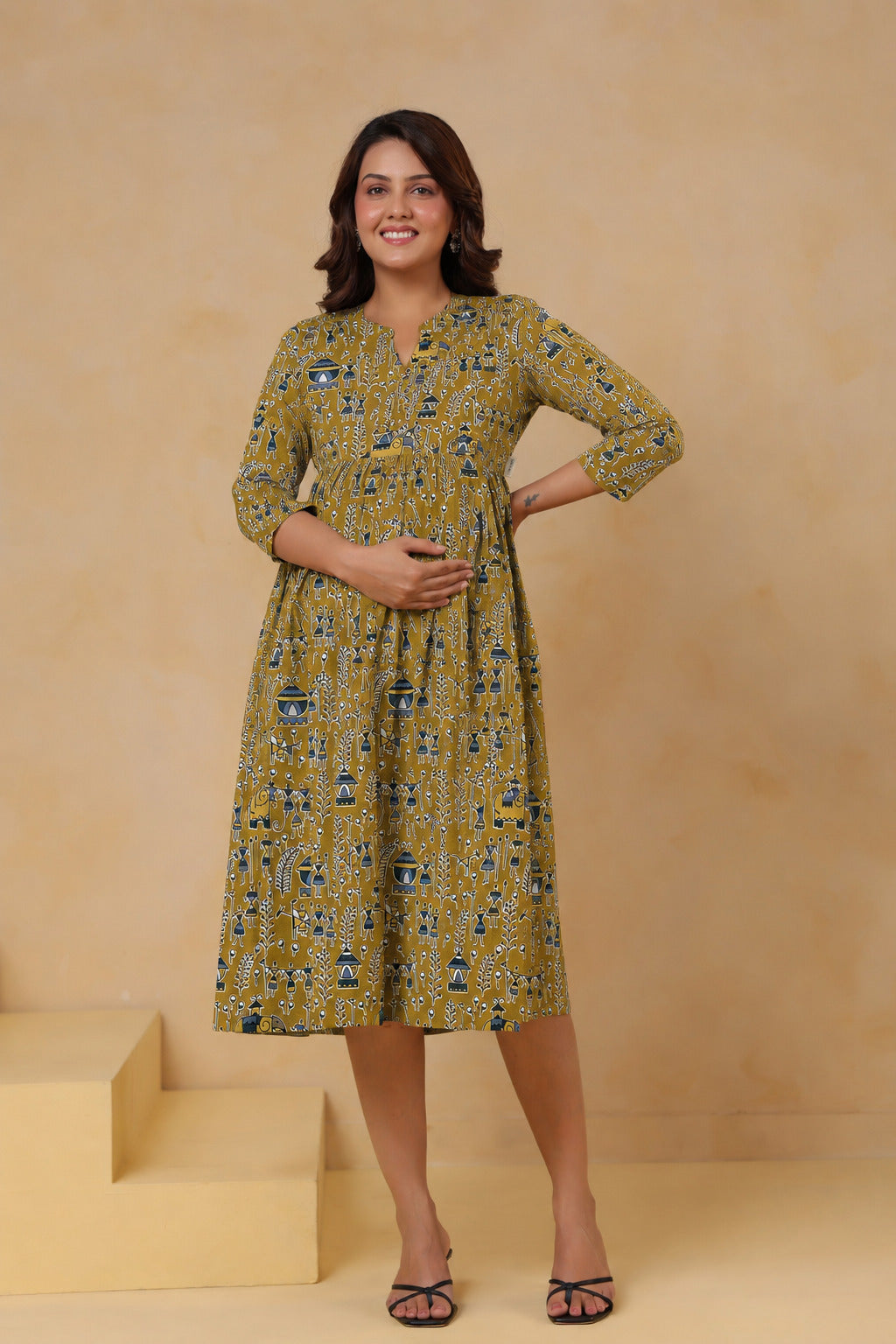 Mustard Tribal Tales Cotton Maternity - Nursing Dress