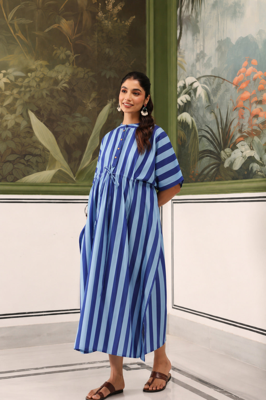 Ocean Lines Cotton Maternity - Nursing Kaftan ( One-Size )