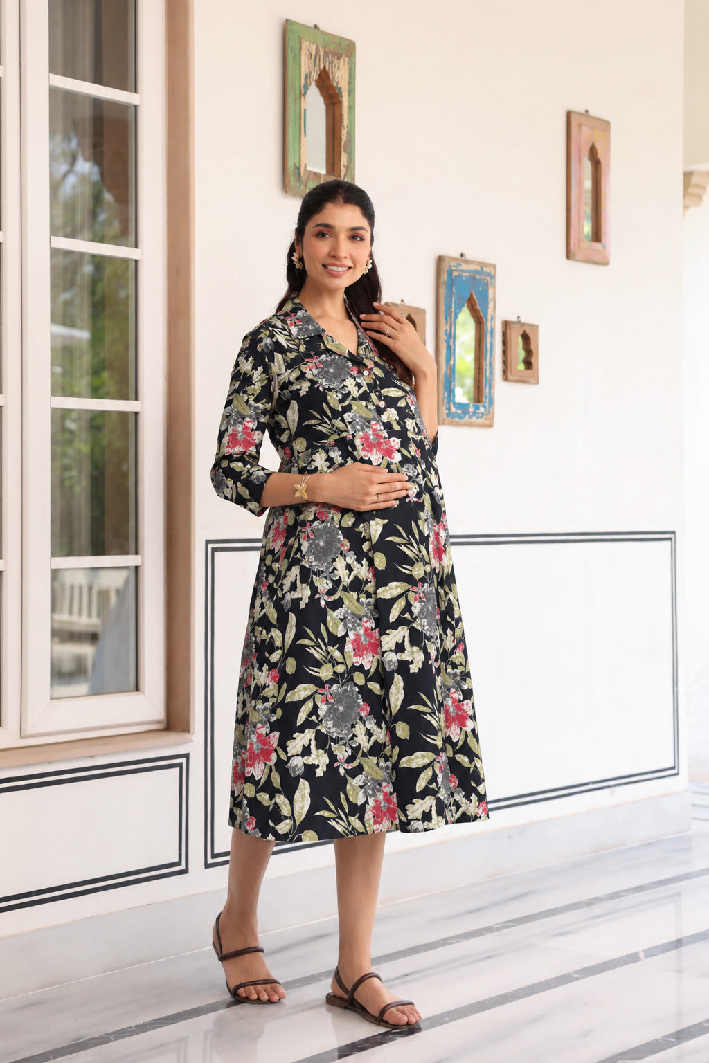 Black Garden Bloom Cotton Maternity - Nursing Dress