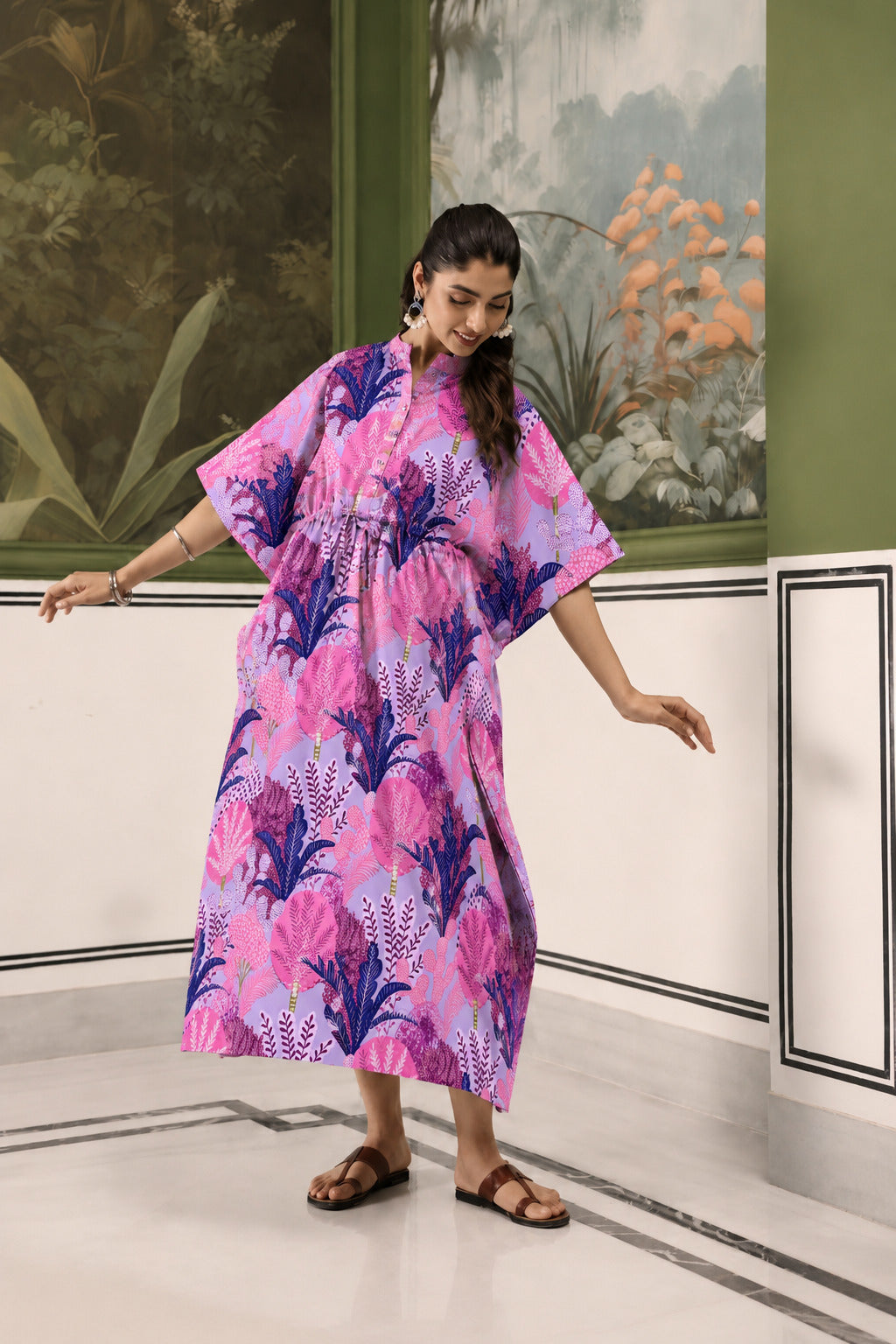 Lavender Bloom Garden Cotton Maternity - Nursing Kaftan ( One-Size )