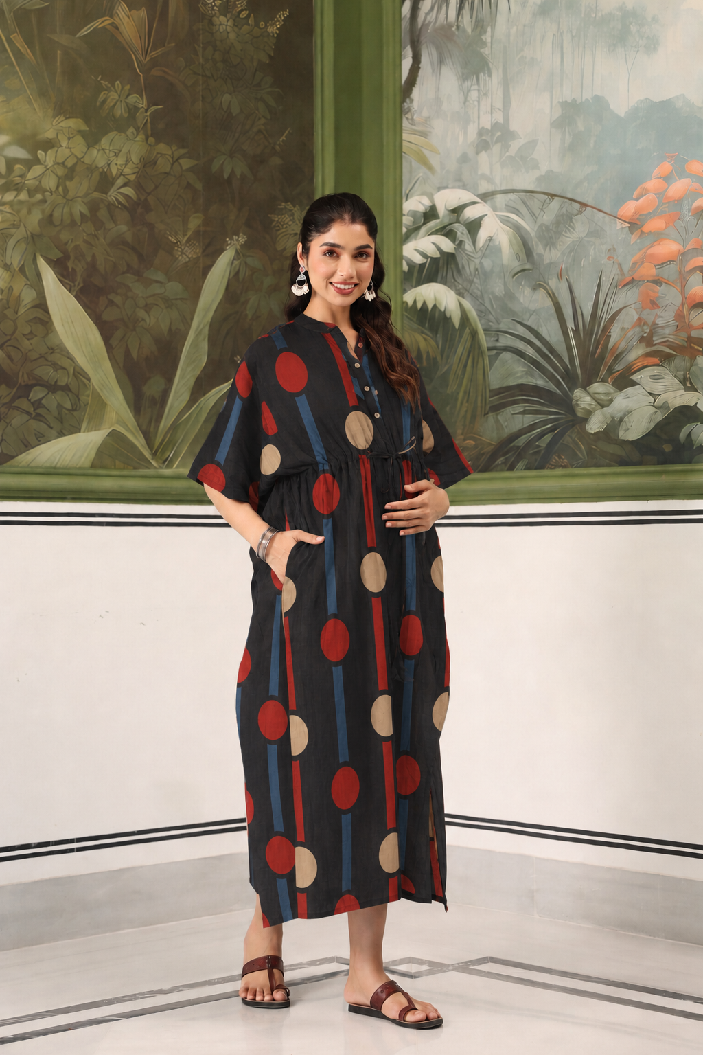 Black Geometric Ajrakh Cotton Maternity - Nursing Kaftan ( One-Size )