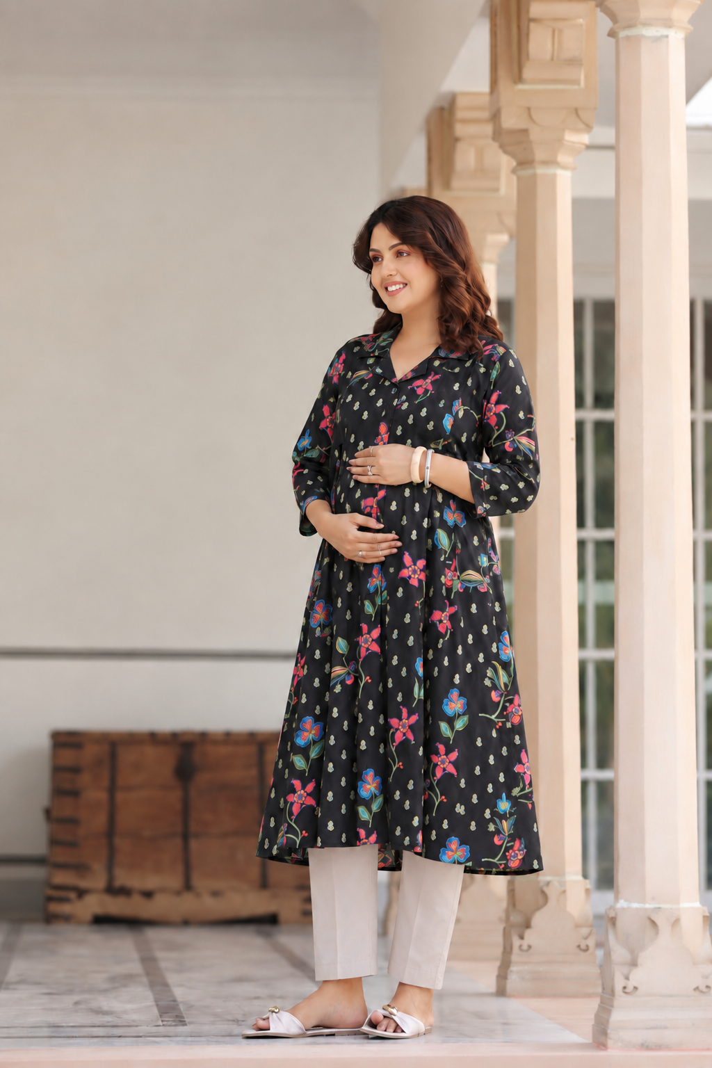 Wildflower Noir Cotton Maternity - Nursing Kurti
