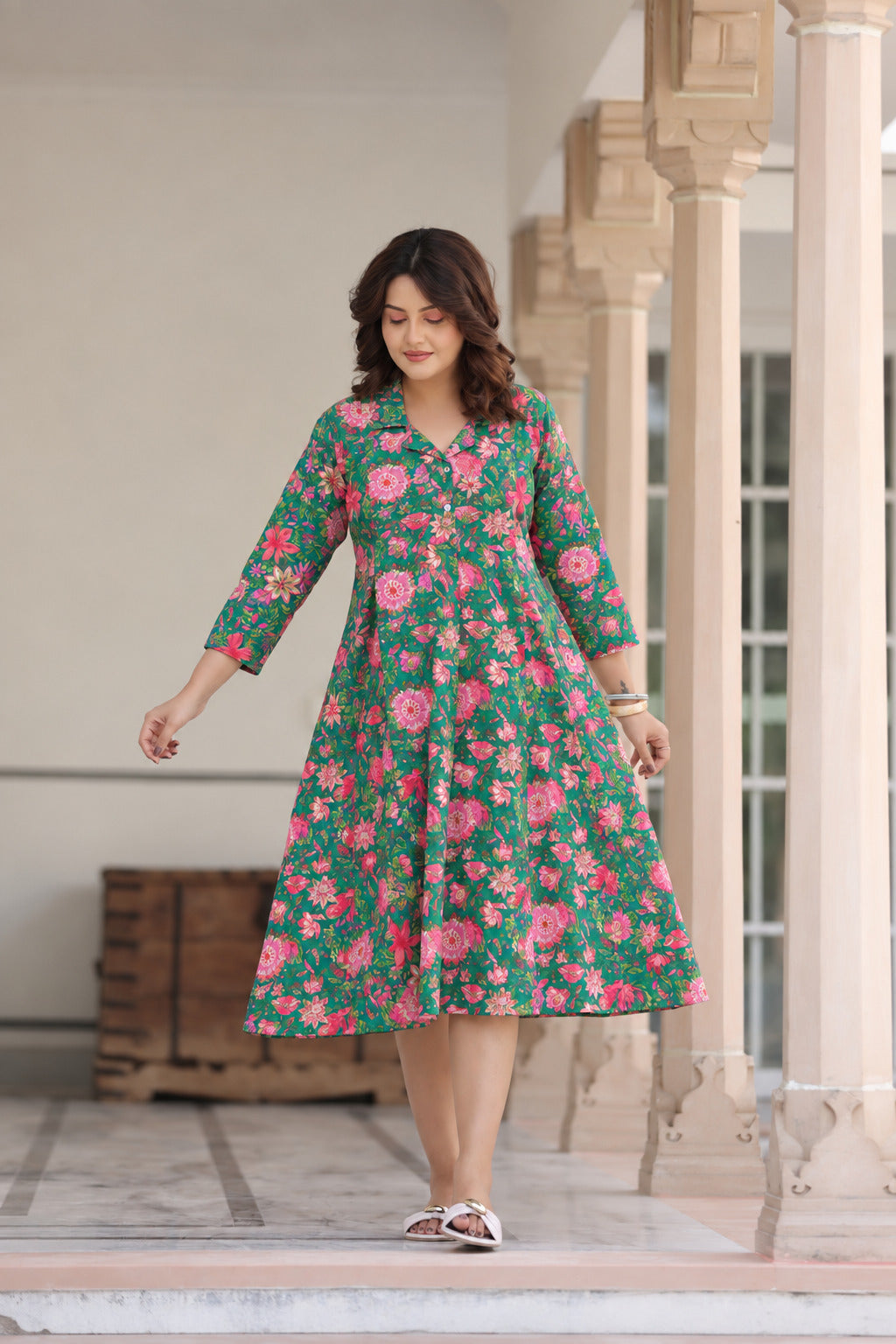 Emerald Bloom Cotton Maternity - Nursing Dress