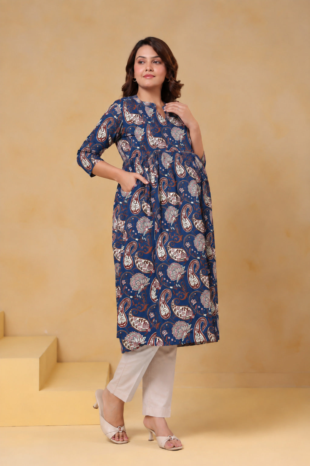 Indigo Kalamkari Buta Cotton Maternity - Nursing Kurti