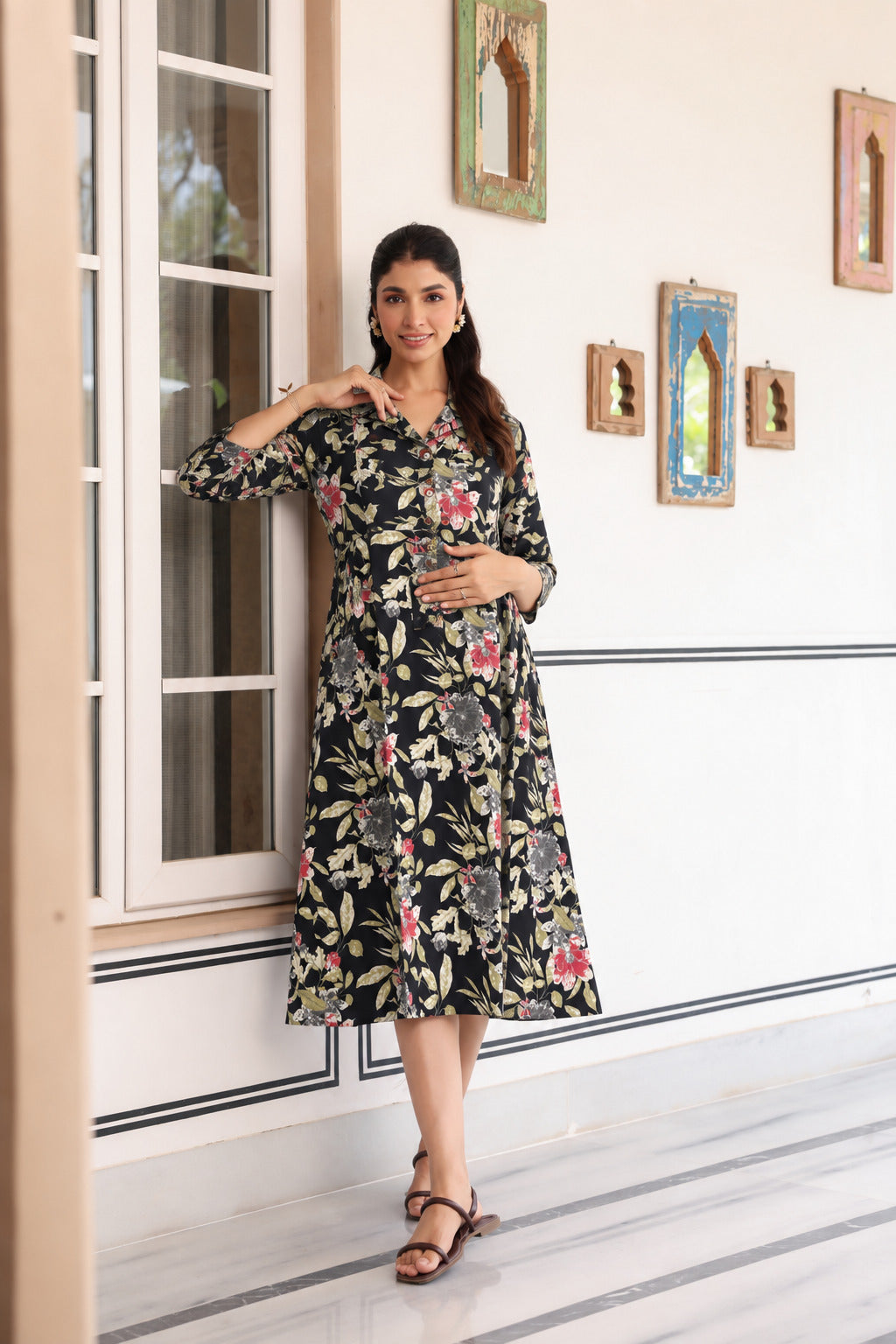 Black Garden Bloom Cotton Maternity - Nursing Dress