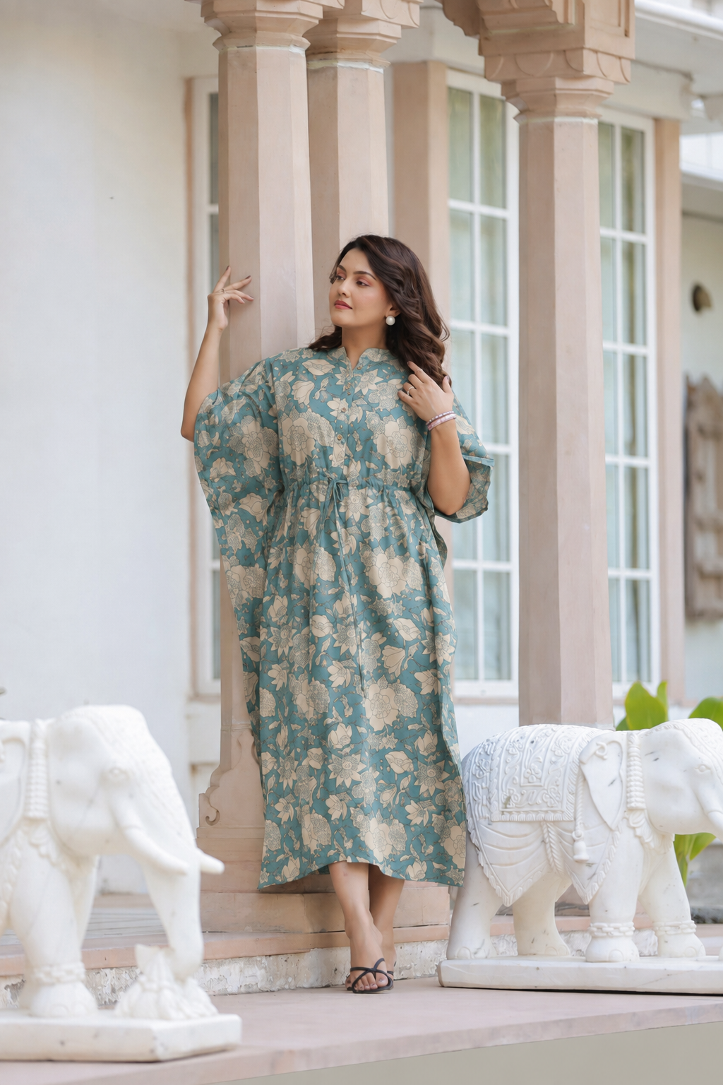 Teal Gardenia Cotton Kaftan ( One-Size )