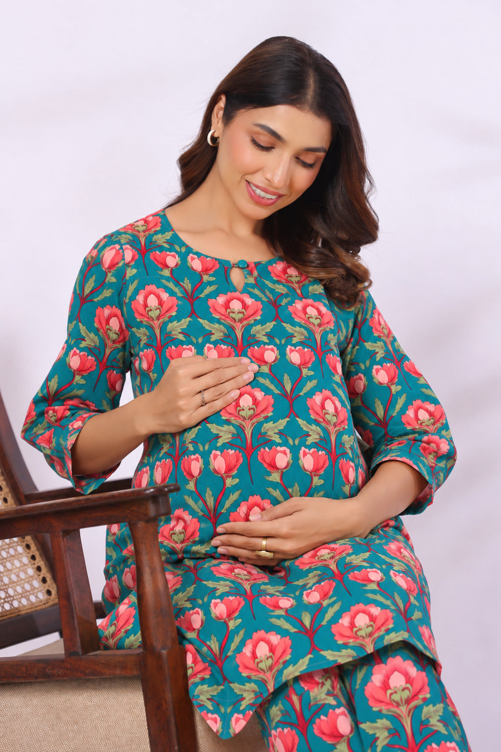 Gulbahar Teal Cotton Maternity - Nursing Co-ord Set
