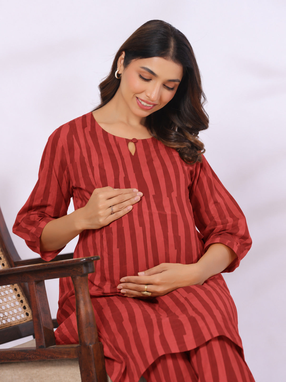 Rust Abstract Stripe Cotton Maternity - Nursing Co-ord Set