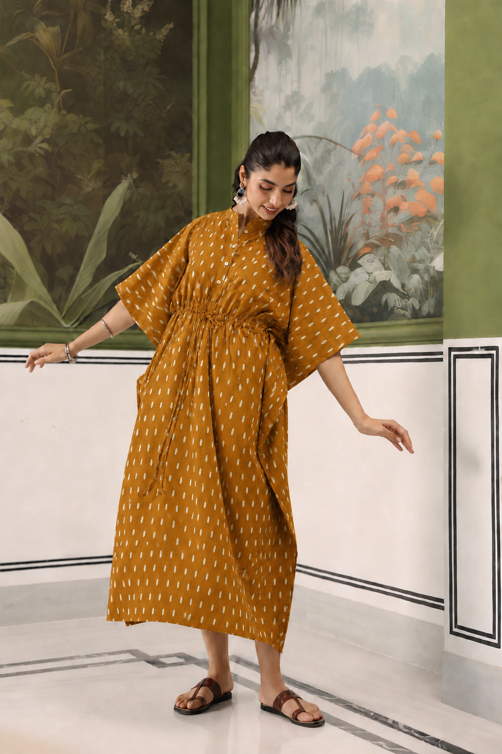 Mustard Loom Print Cotton Maternity - Nursing Kaftan ( One-Size )