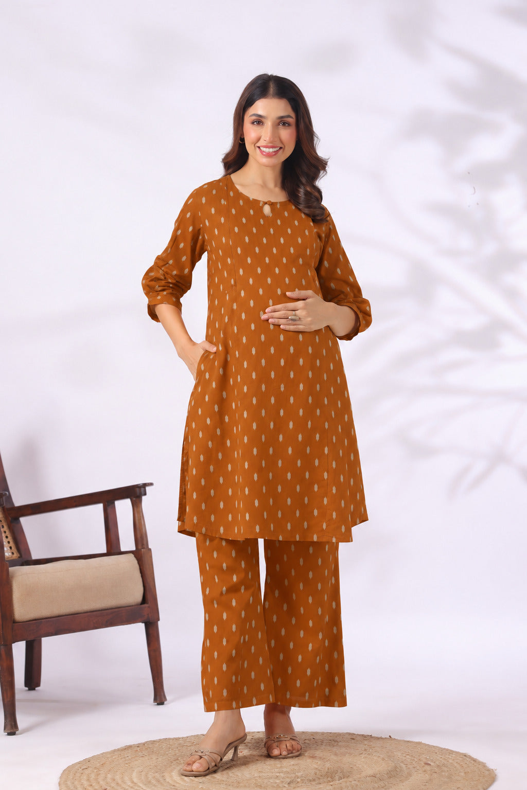 Mustard Loom Print Cotton Maternity - Nursing Co-ord Set