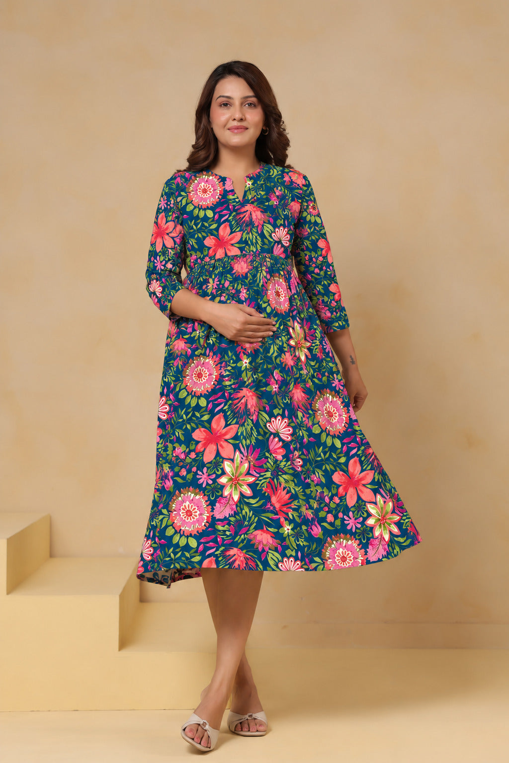 Teal Blossom Garden Cotton Maternity - Nursing Dress