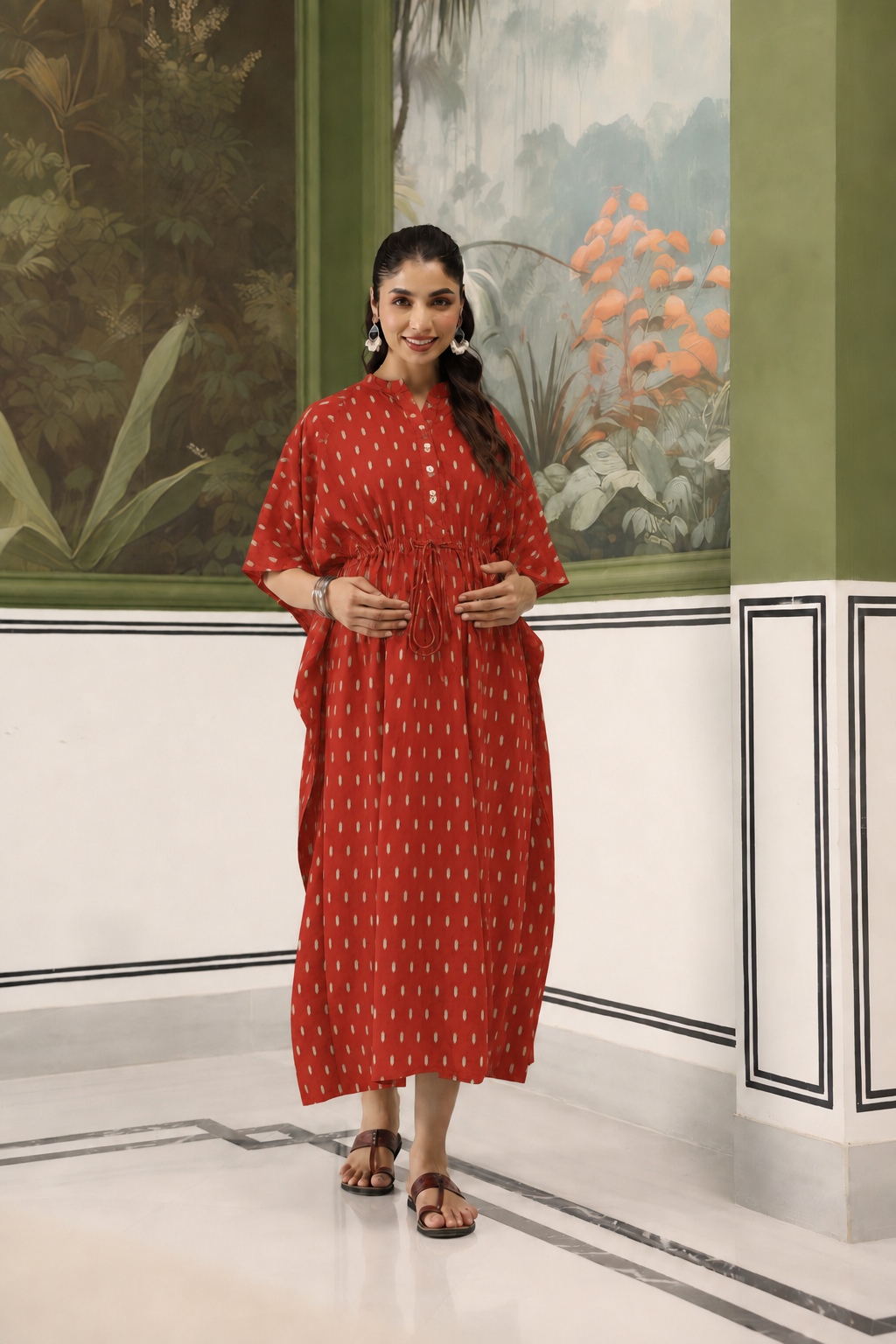 Maroon Loom Print Cotton Maternity - Nursing Kaftan ( One-Size )