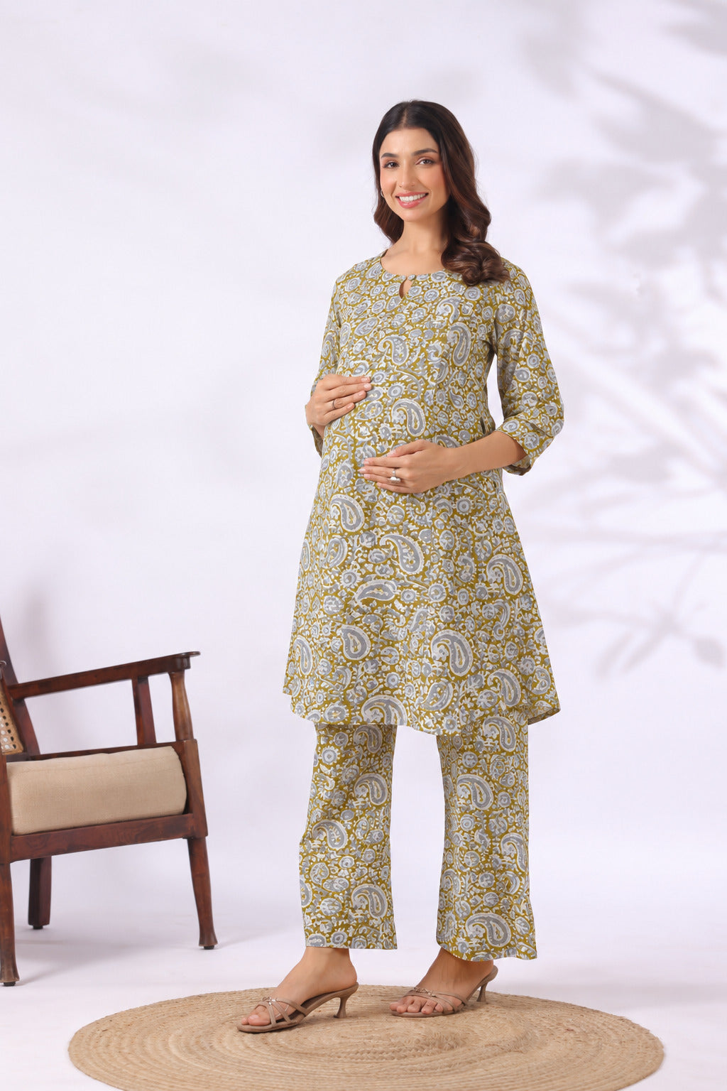 Olive Paisley Cotton Maternity - Nursing Co-ord Set