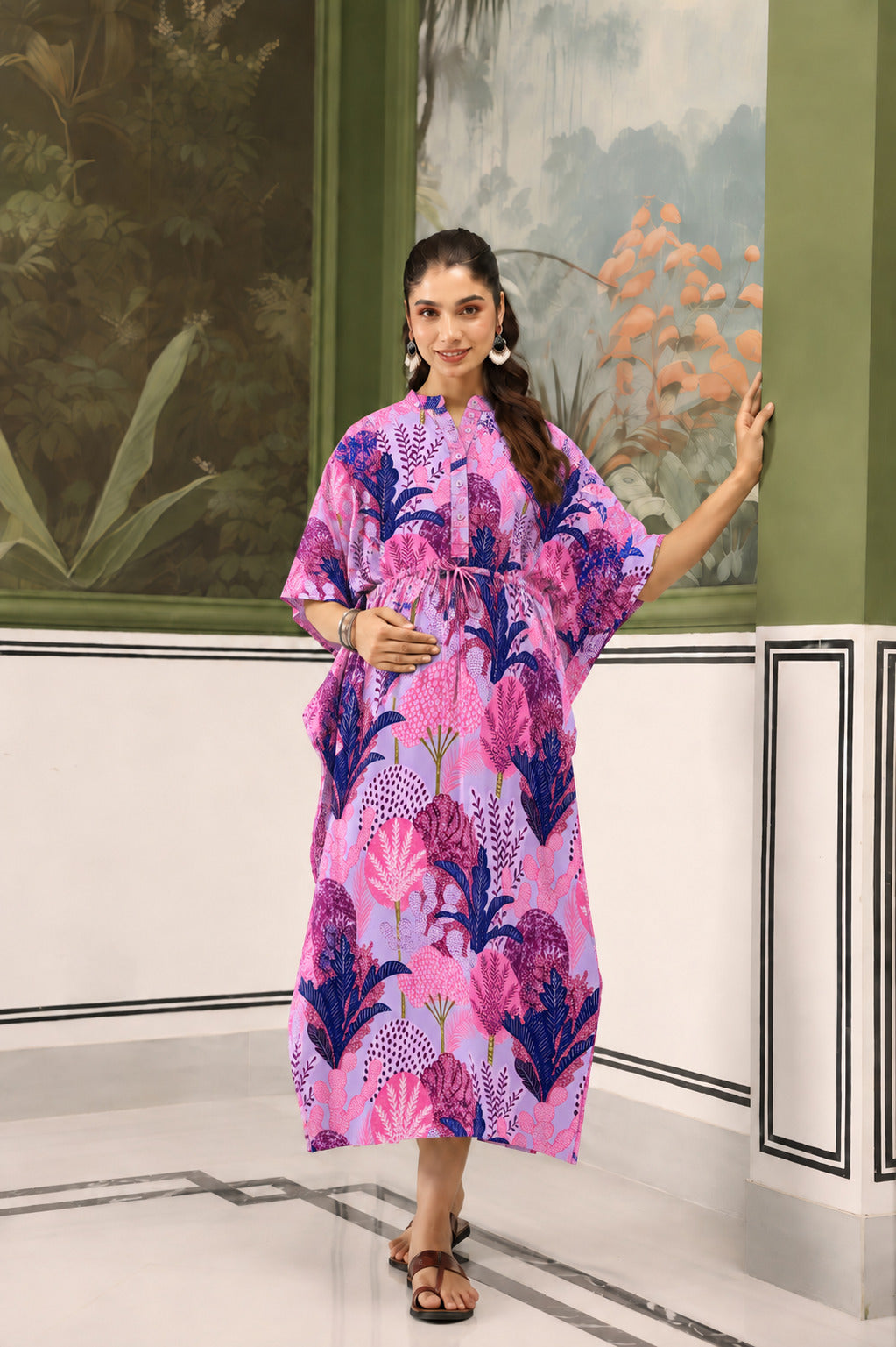Lavender Bloom Garden Cotton Maternity - Nursing Kaftan ( One-Size )
