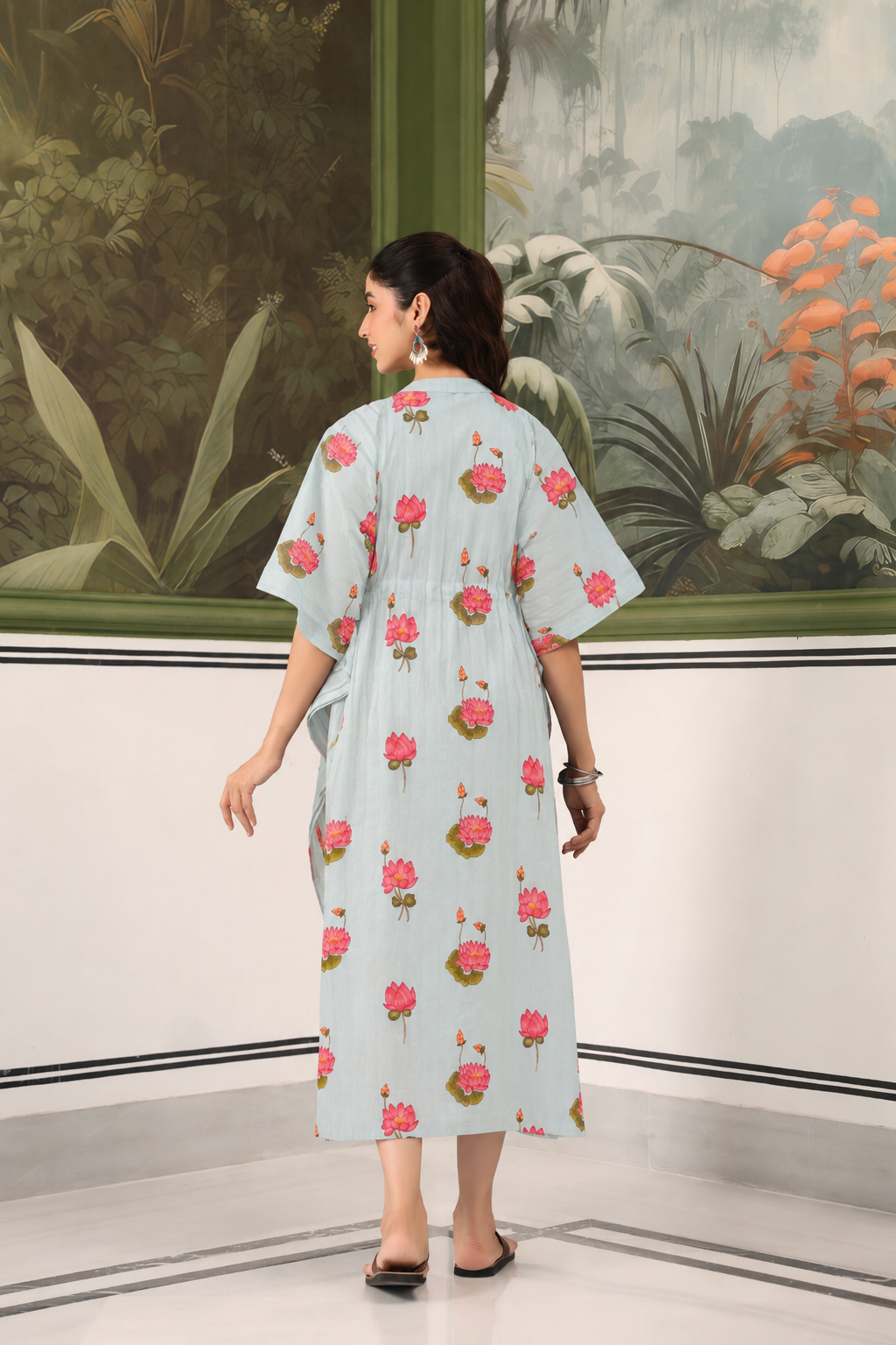 Vintage Lotus Pond Cotton Maternity - Nursing Kaftan ( One-Size )