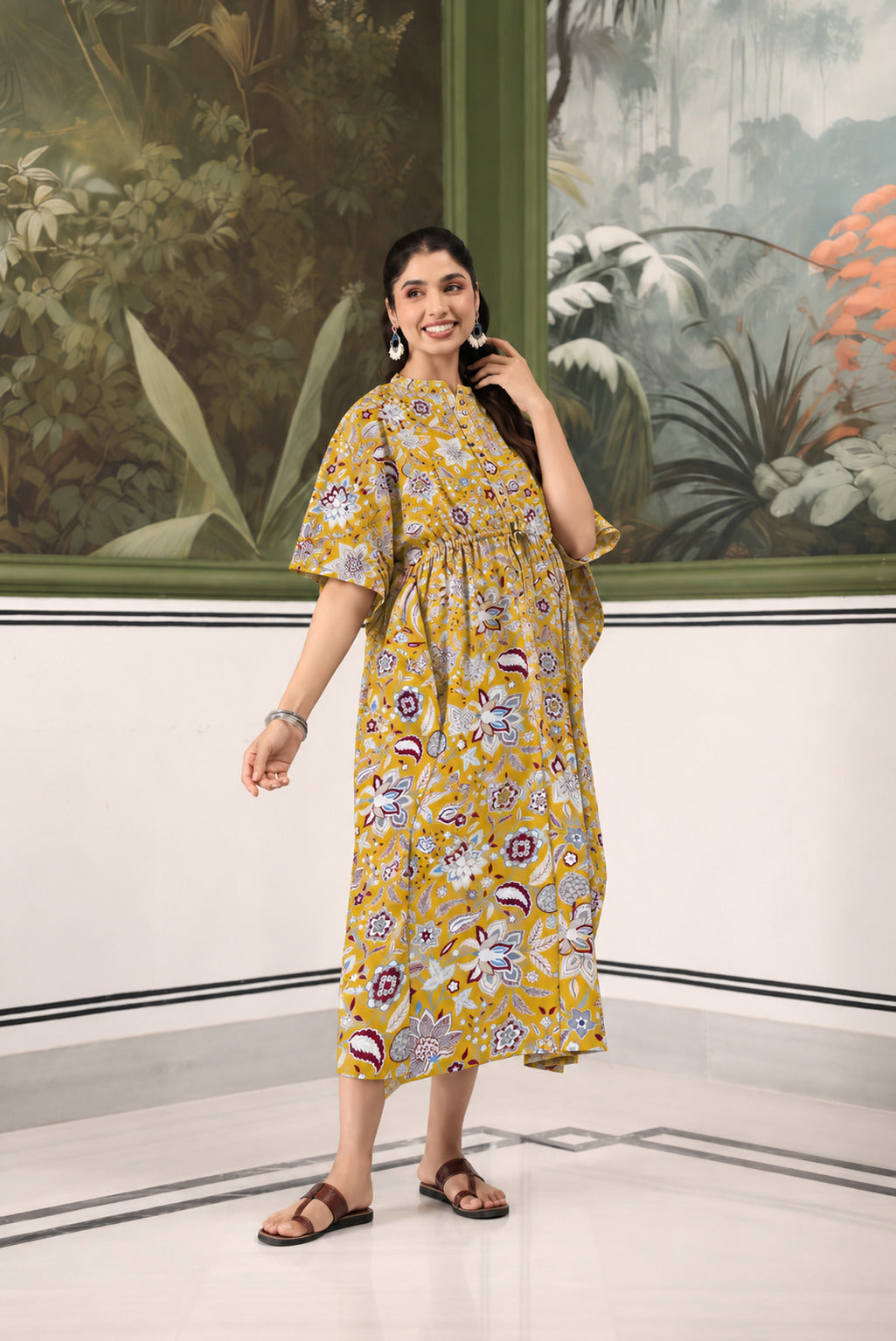 Wildflower Gold Cotton Maternity - Nursing Kaftan ( One-Size )