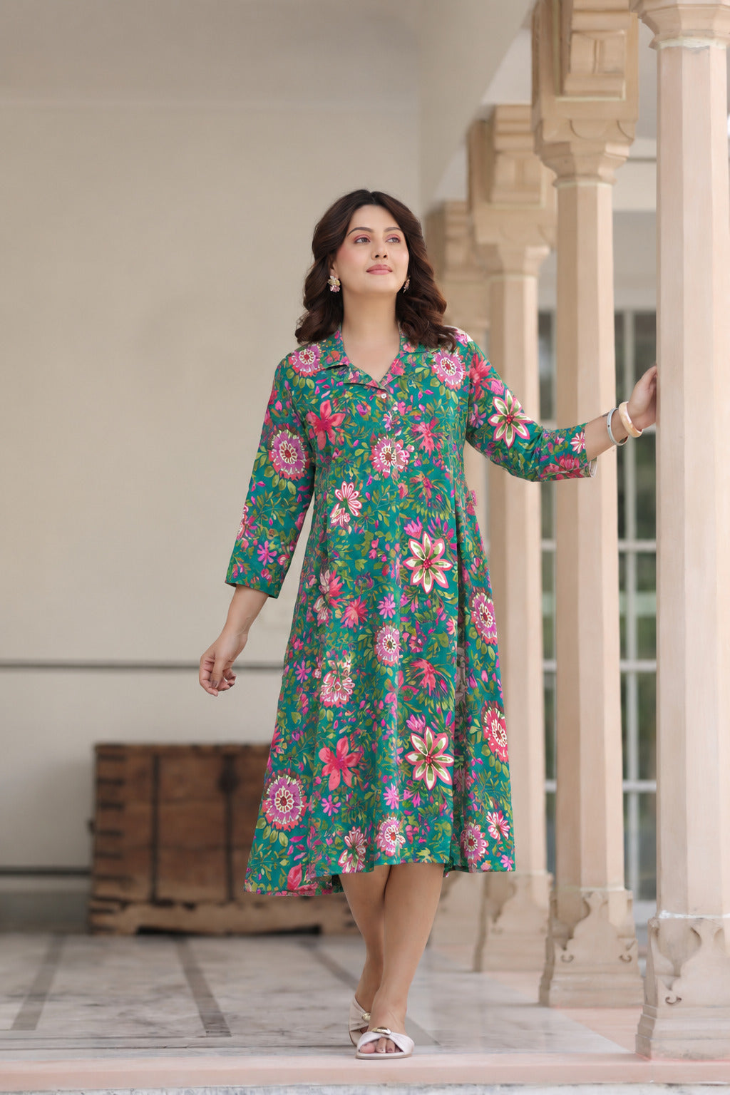 Emerald Bloom Cotton Maternity - Nursing Dress