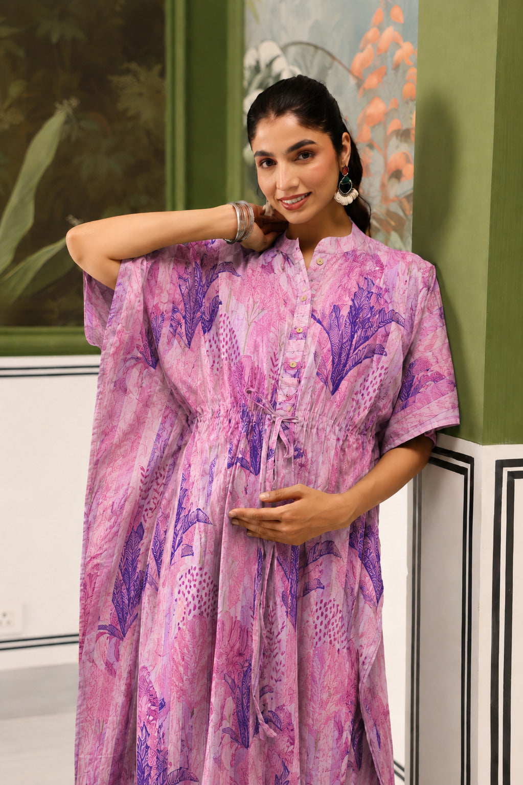 Lavender Bloom Garden Cotton Maternity - Nursing Kaftan ( One-Size )