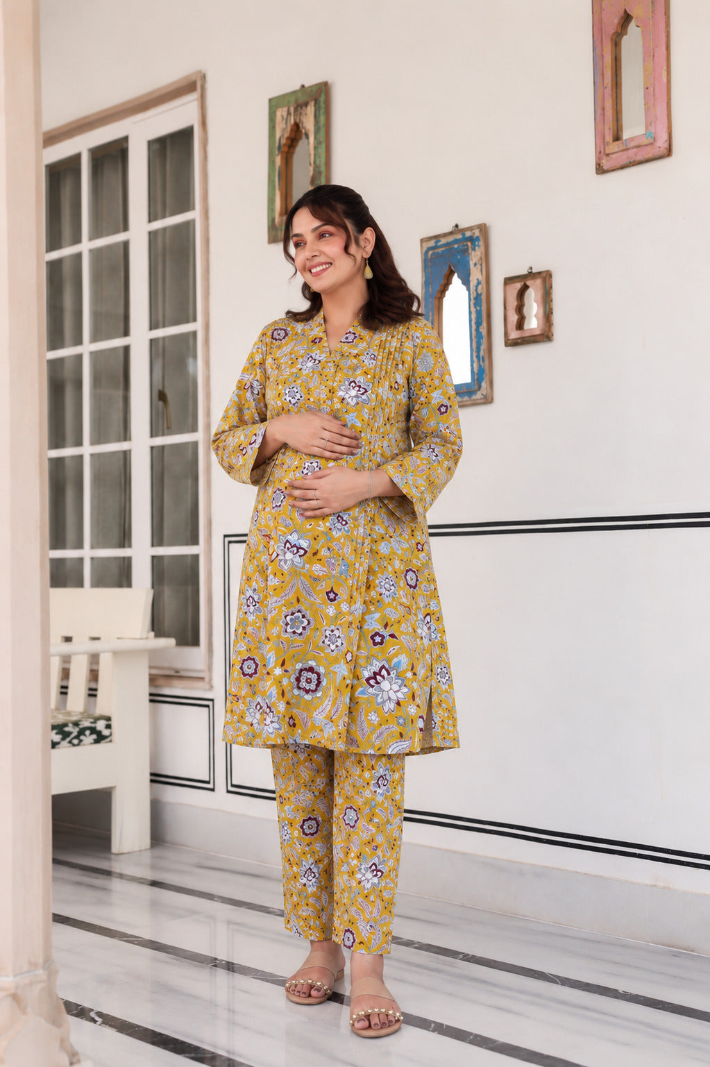 Golden Petals Cotton Maternity - Nursing Co-ord Set