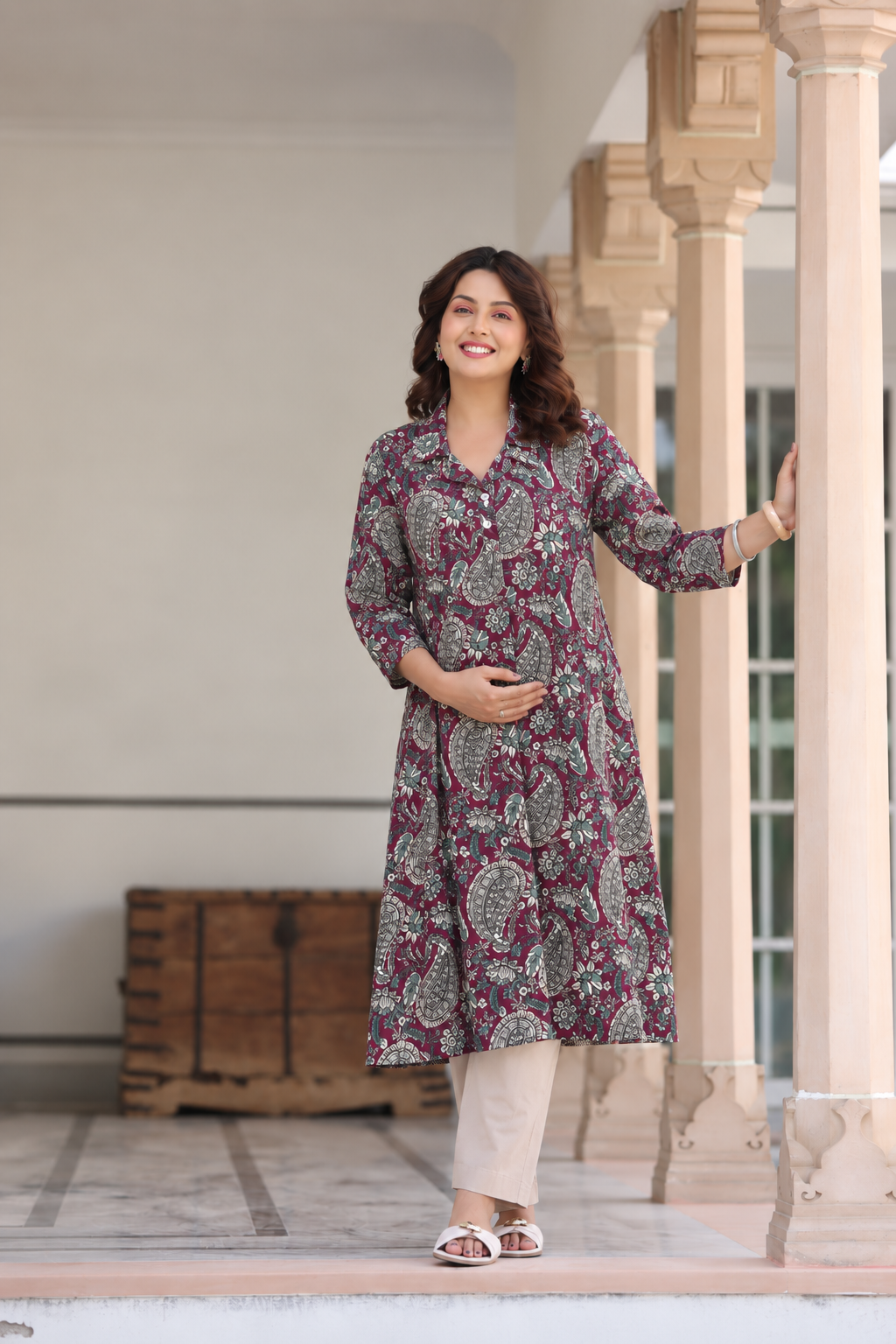 Burgundy Jaal Cotton Maternity - Nursing Kurti