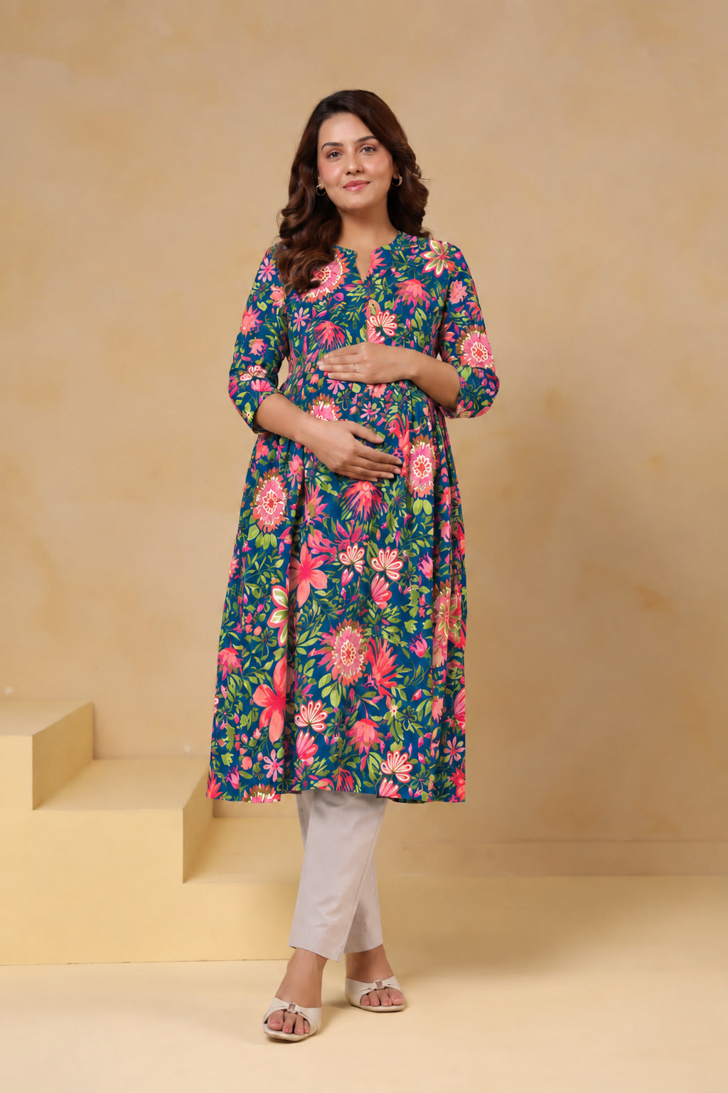 Teal Blossom Garden Cotton Maternity - Nursing Kurti
