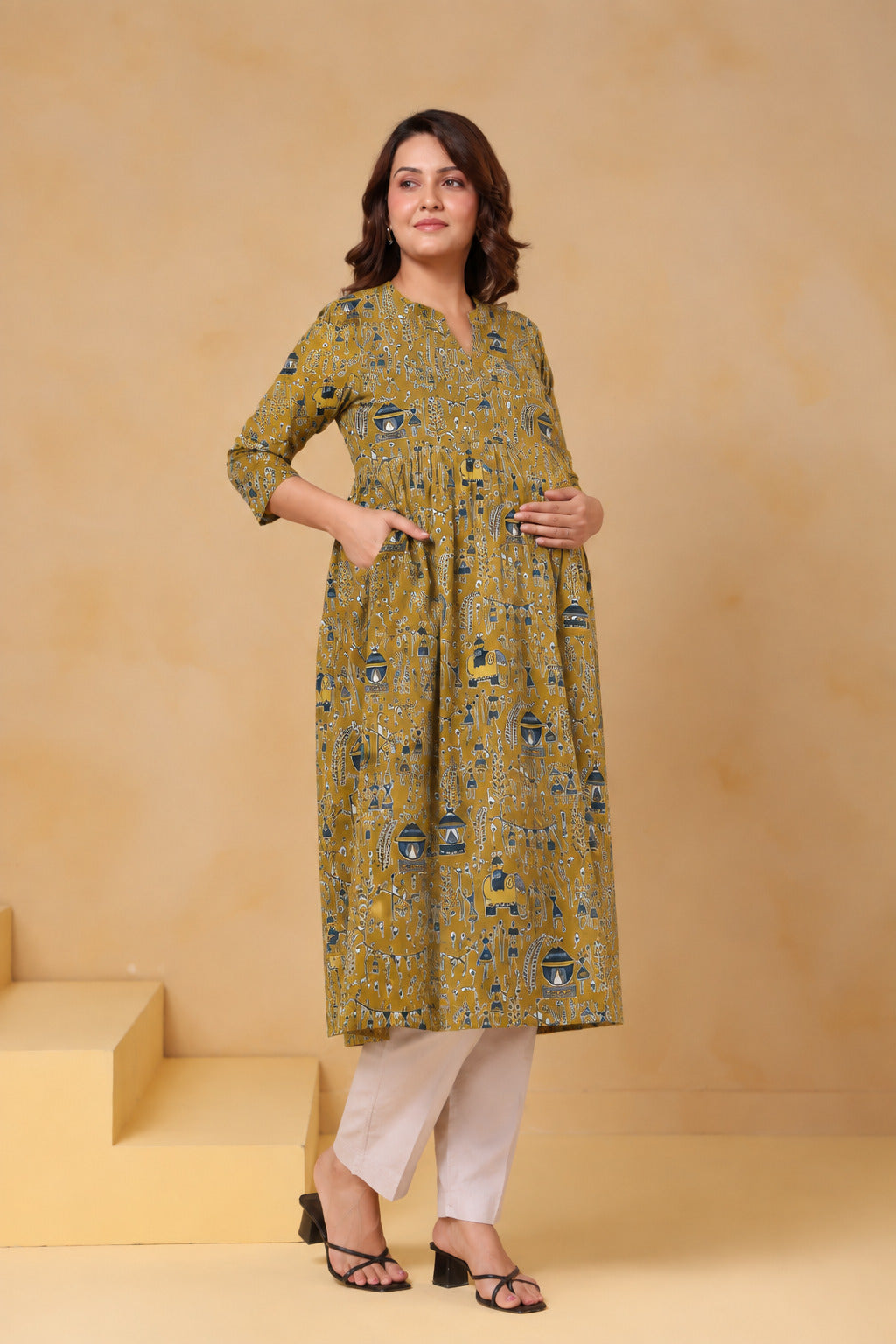 Mustard Tribal Tales Cotton Maternity - Nursing Kurti