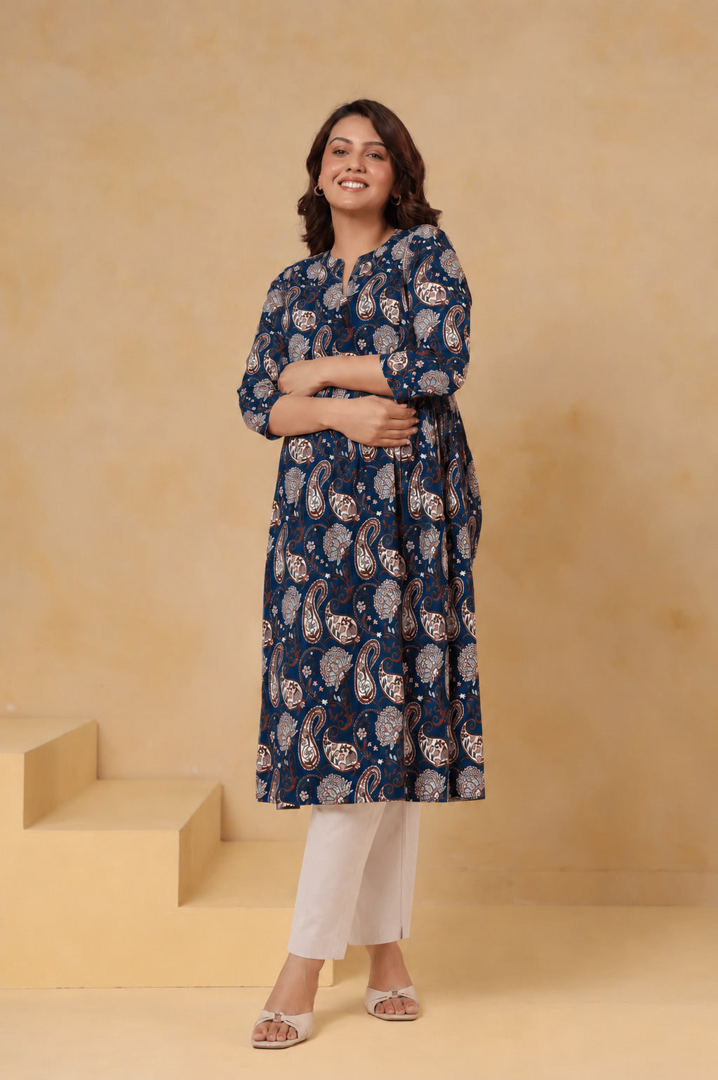 Indigo Kalamkari Buta Cotton Maternity - Nursing Kurti