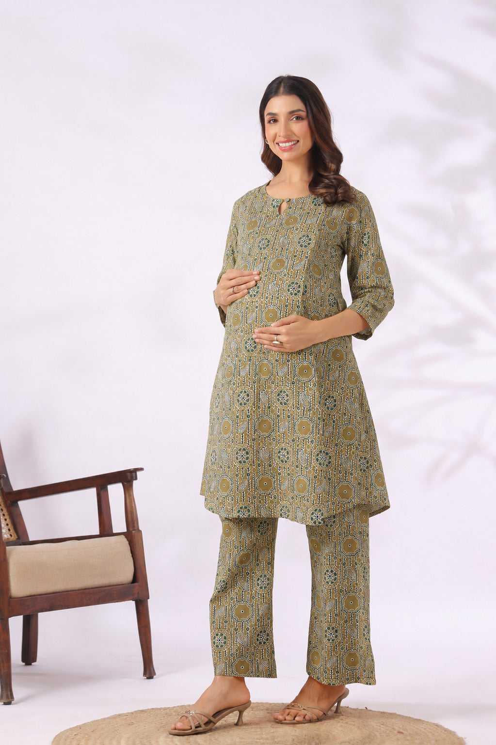 Olive Kalamkari Cotton Maternity - Nursing Co-ord Set