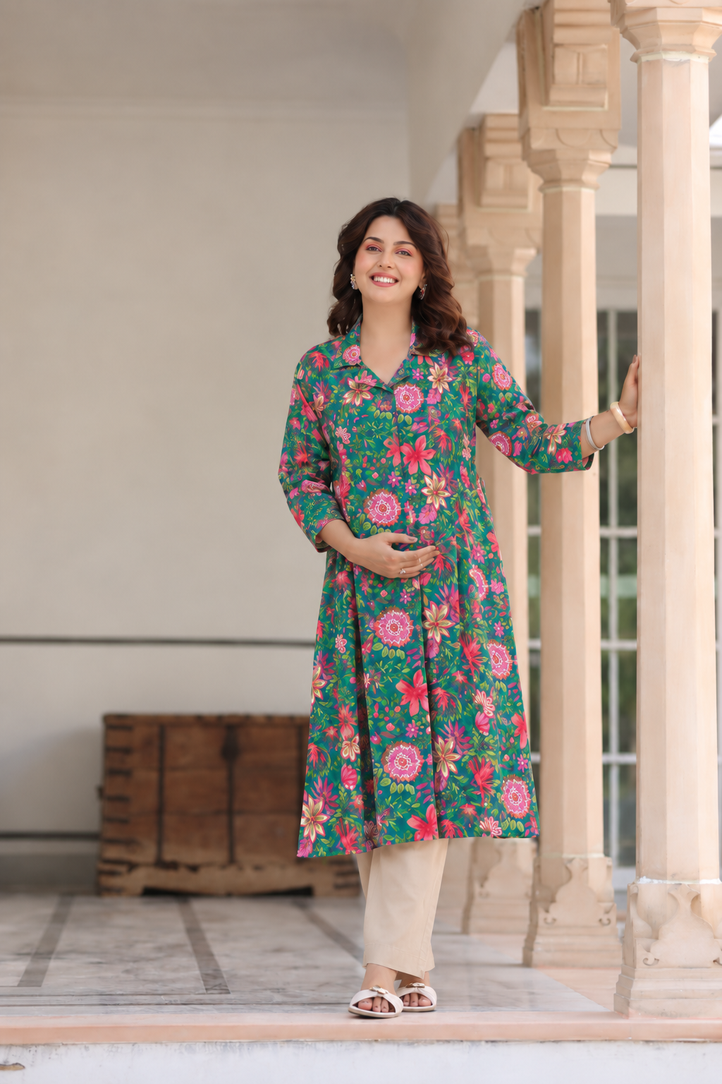 Emerald Bloom Cotton Maternity - Nursing Kurti