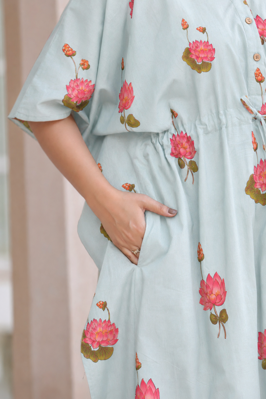 Vintage Lotus Pond Cotton Kaftan ( One-Size )