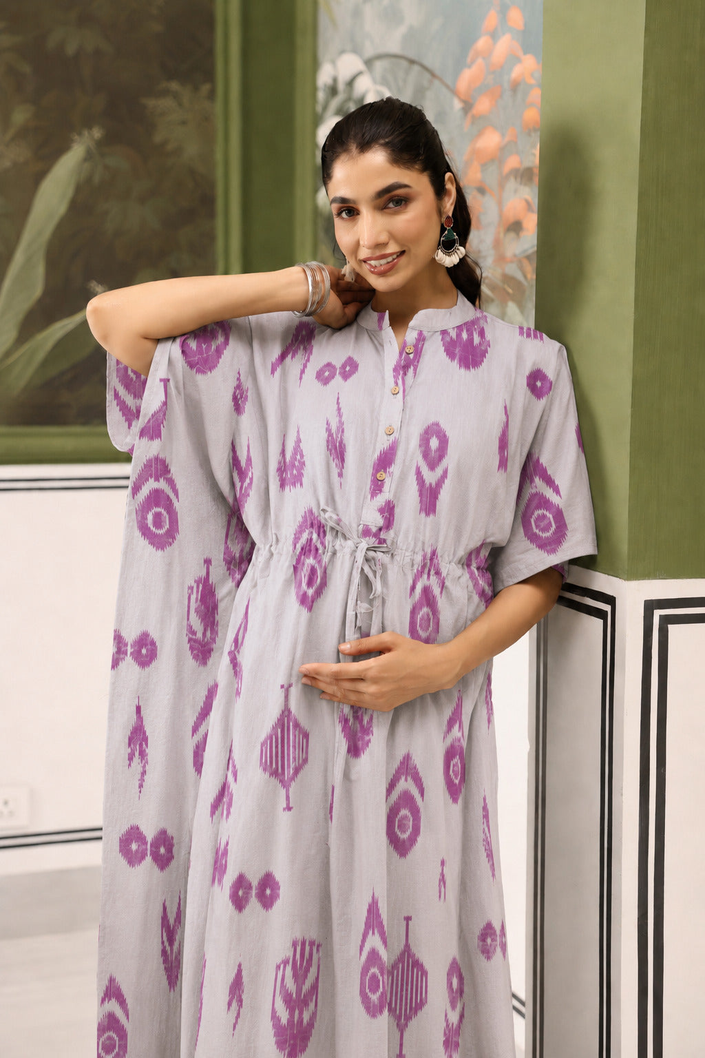French Grey Classic Ikat Cotton Maternity - Nursing Kaftan ( One-Size )