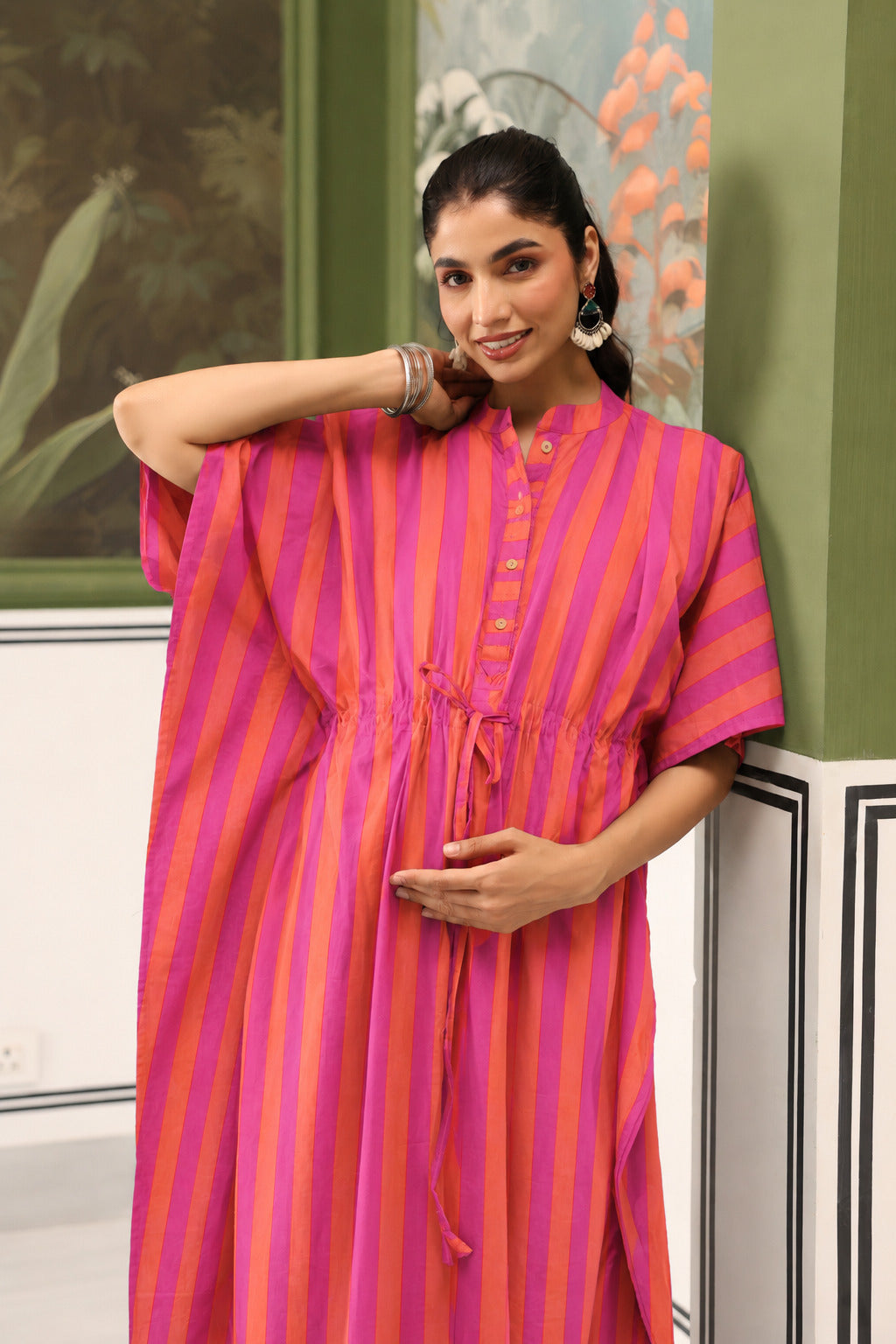 Rani Coral Stripes Cotton Maternity - Nursing Kaftan ( One-Size )