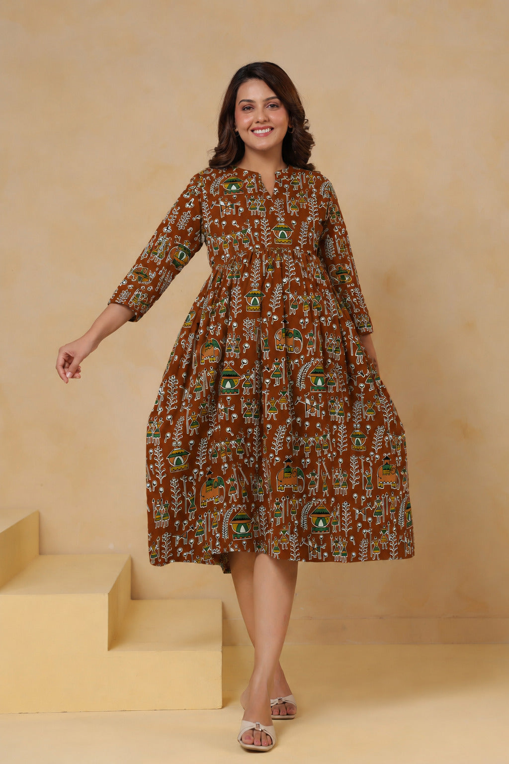 Rust Heritage Art Cotton Maternity - Nursing Dress