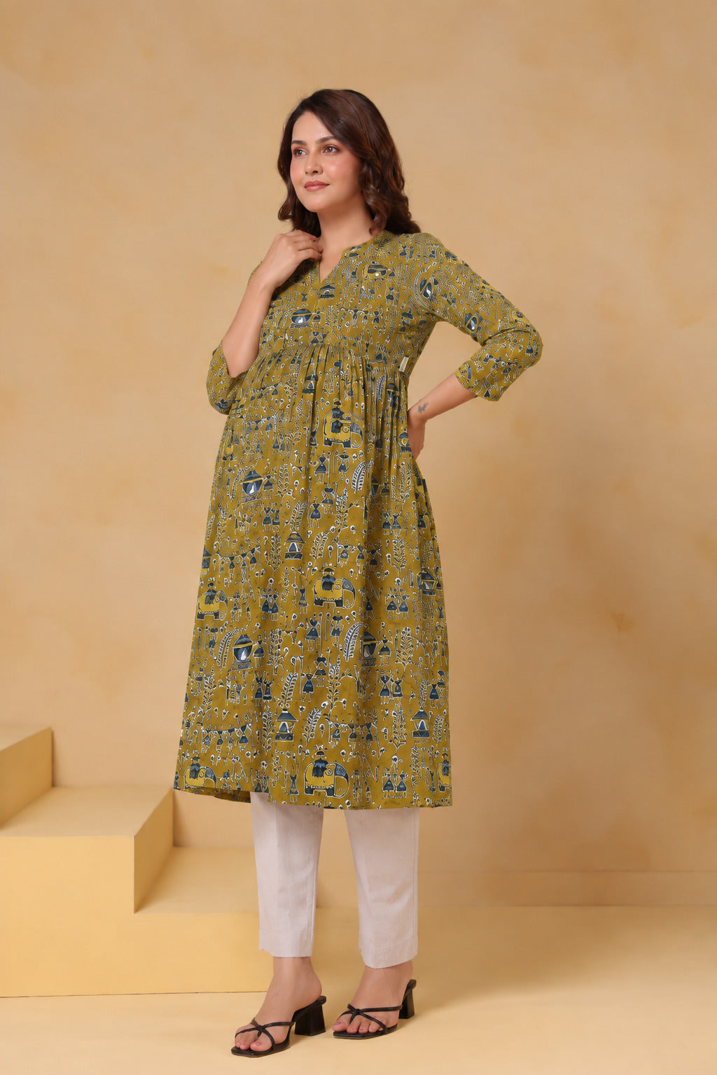 Mustard Tribal Tales Cotton Maternity - Nursing Kurti