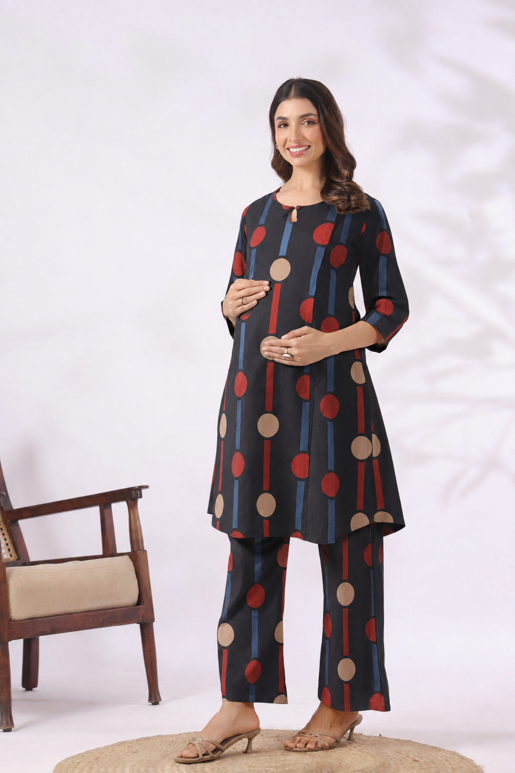 Black Geometric Ajrakh Cotton Maternity - Nursing Co-ord Set