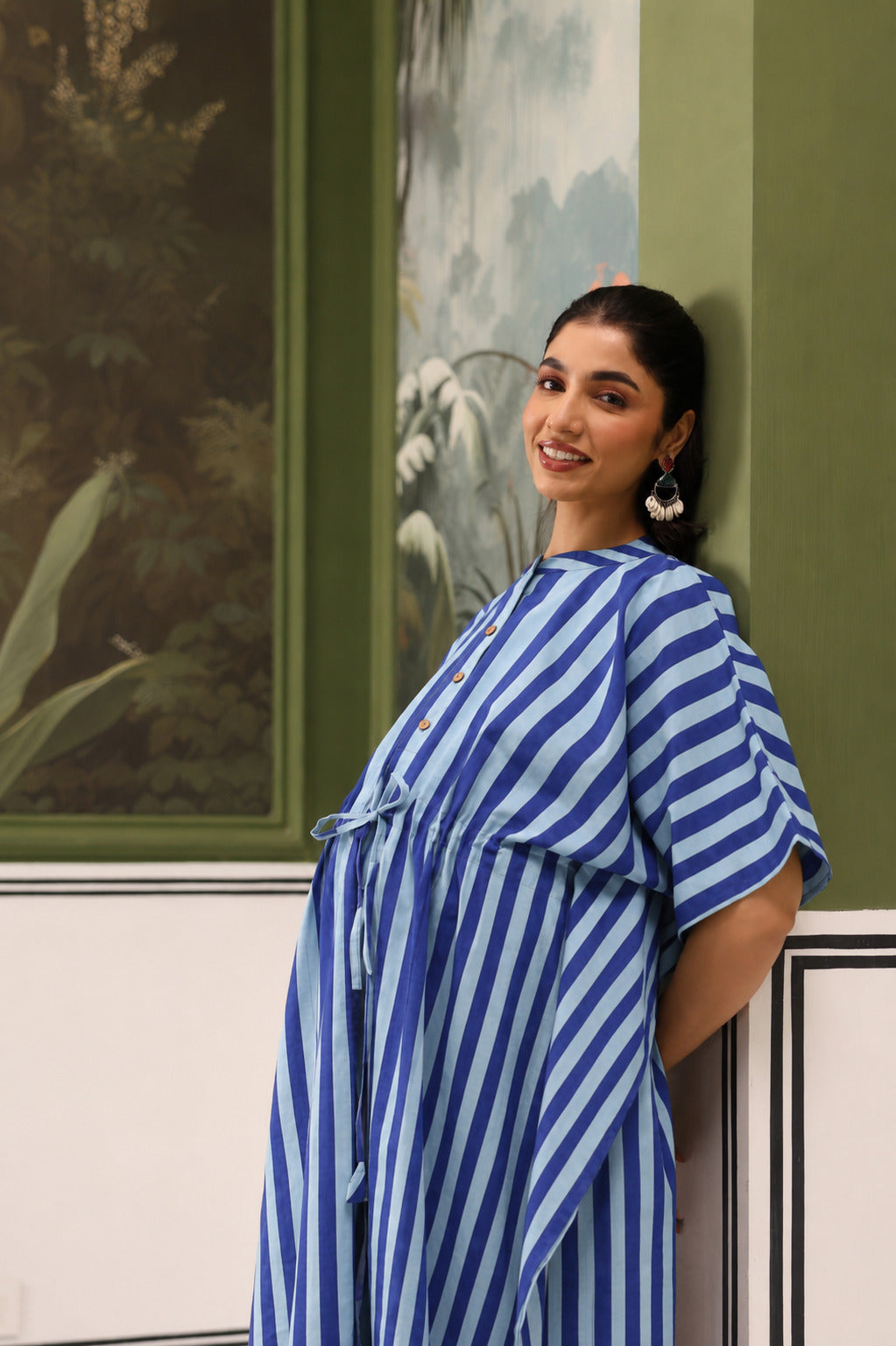 Ocean Lines Cotton Maternity - Nursing Kaftan ( One-Size )