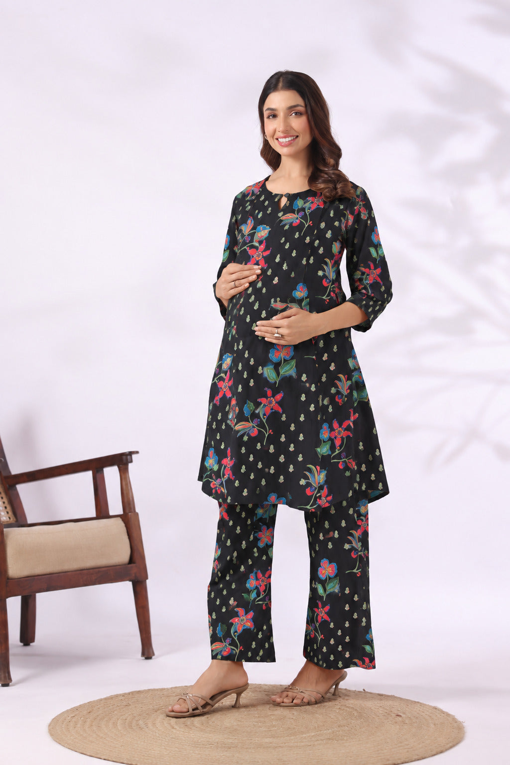 Wildflower Noir Cotton Maternity - Nursing Co-ord Set