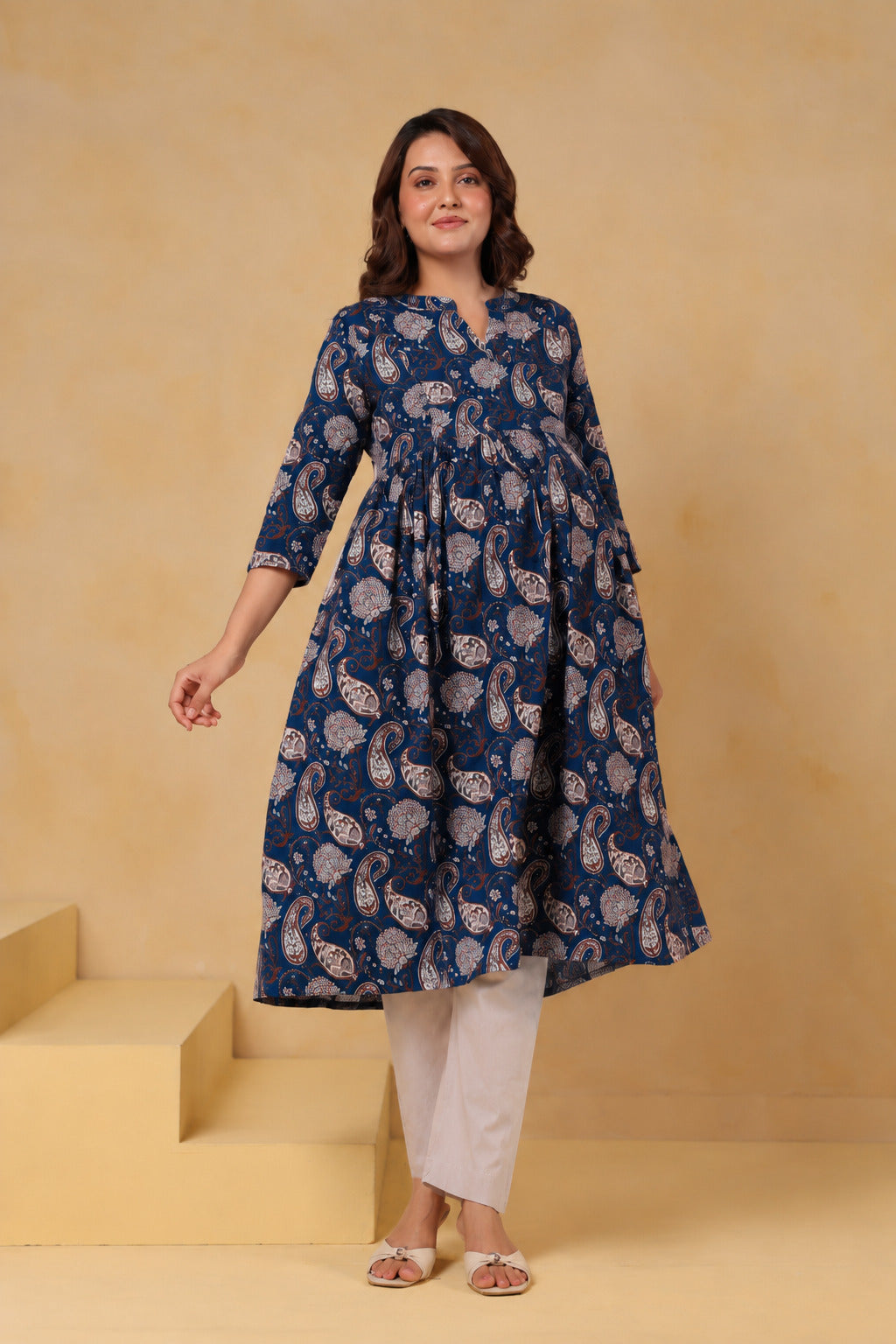Indigo Kalamkari Buta Cotton Maternity - Nursing Kurti