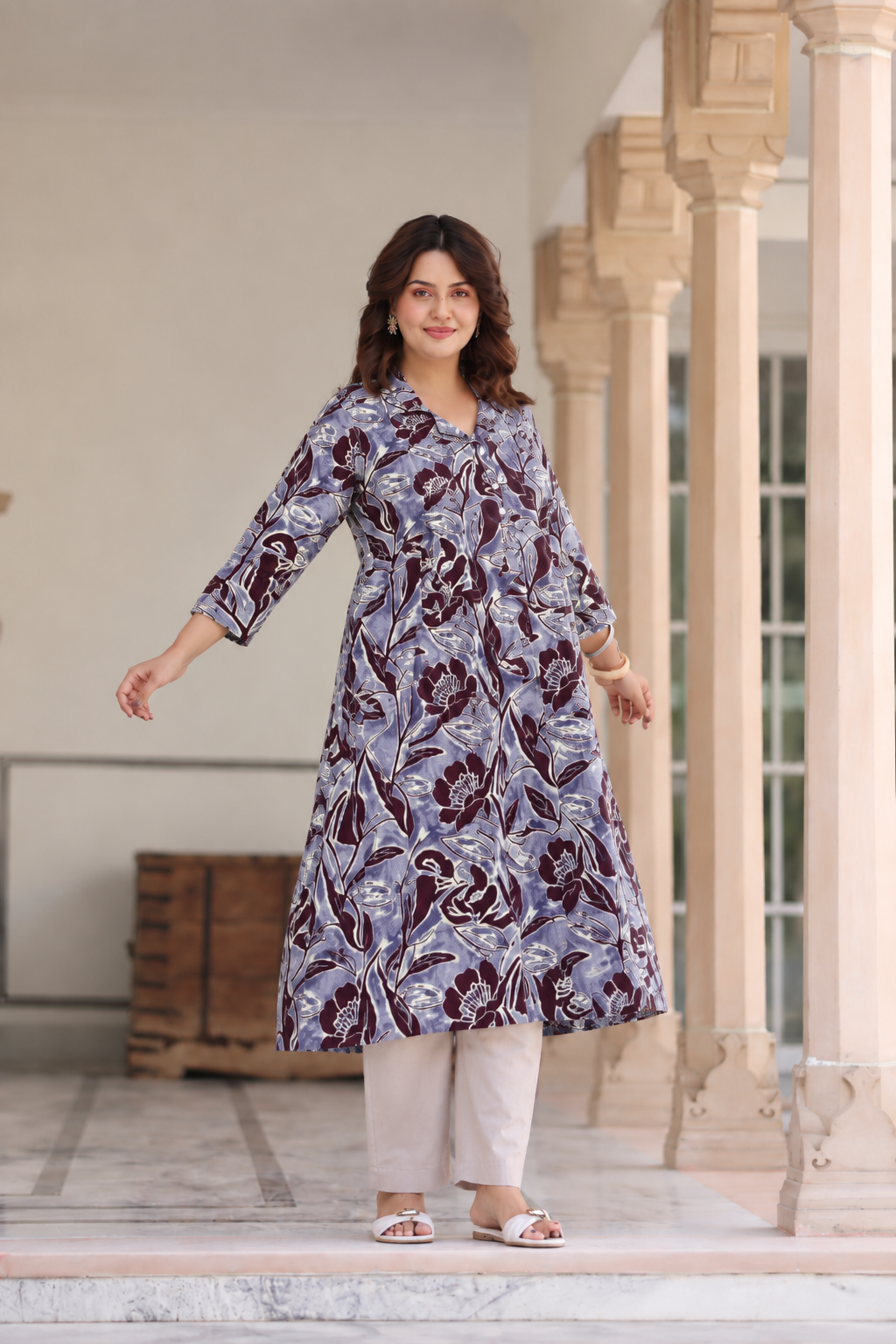 Wine Blossom Cotton Maternity - Nursing Kurti