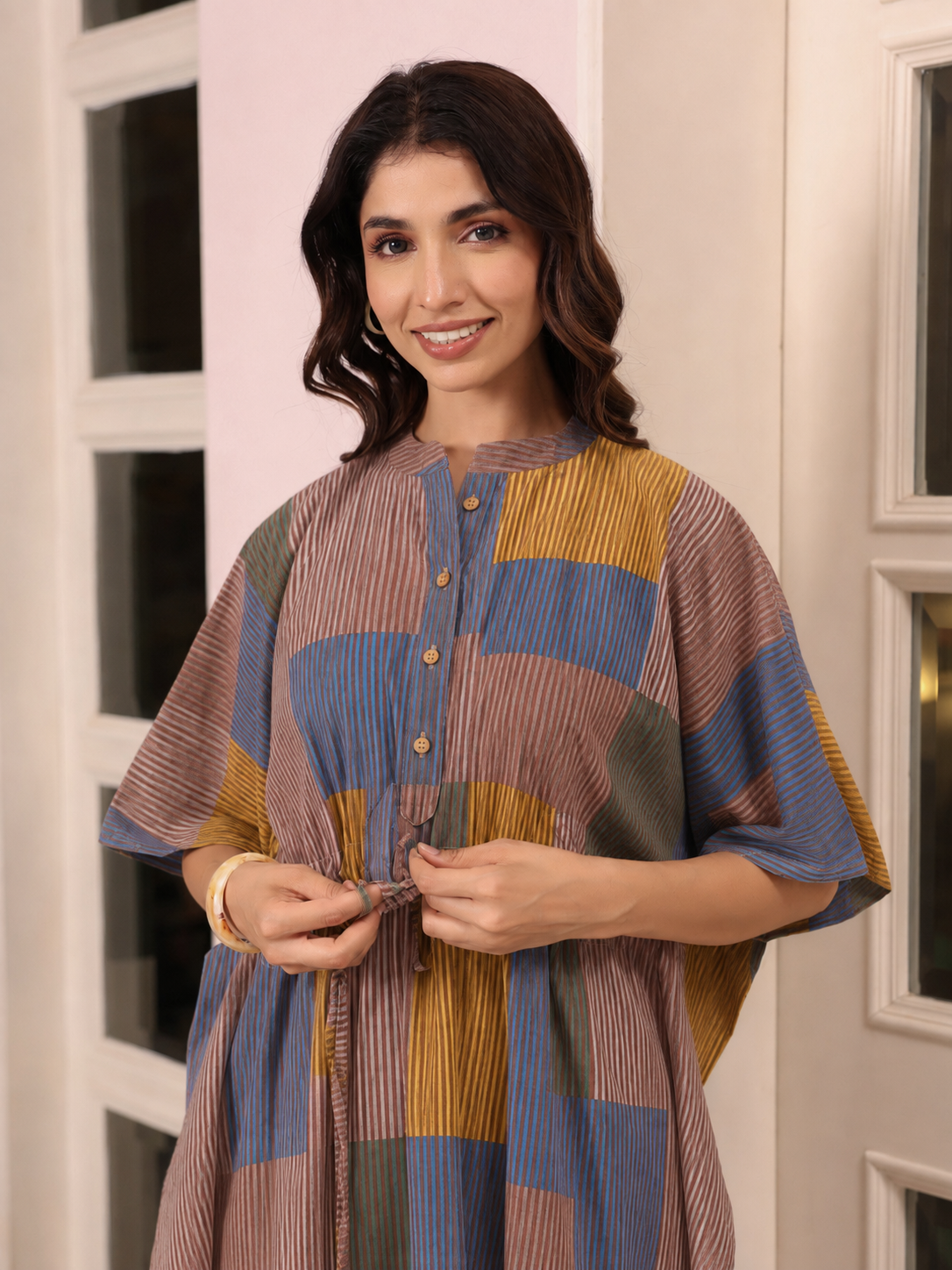 Ocean Blue Multi Panelled Cotton Kaftan ( One-Size )