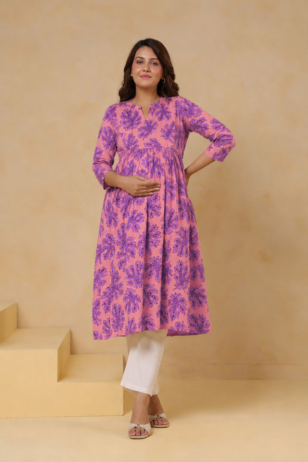 Tropical Violet Palm Cotton Maternity - Nursing Kurti