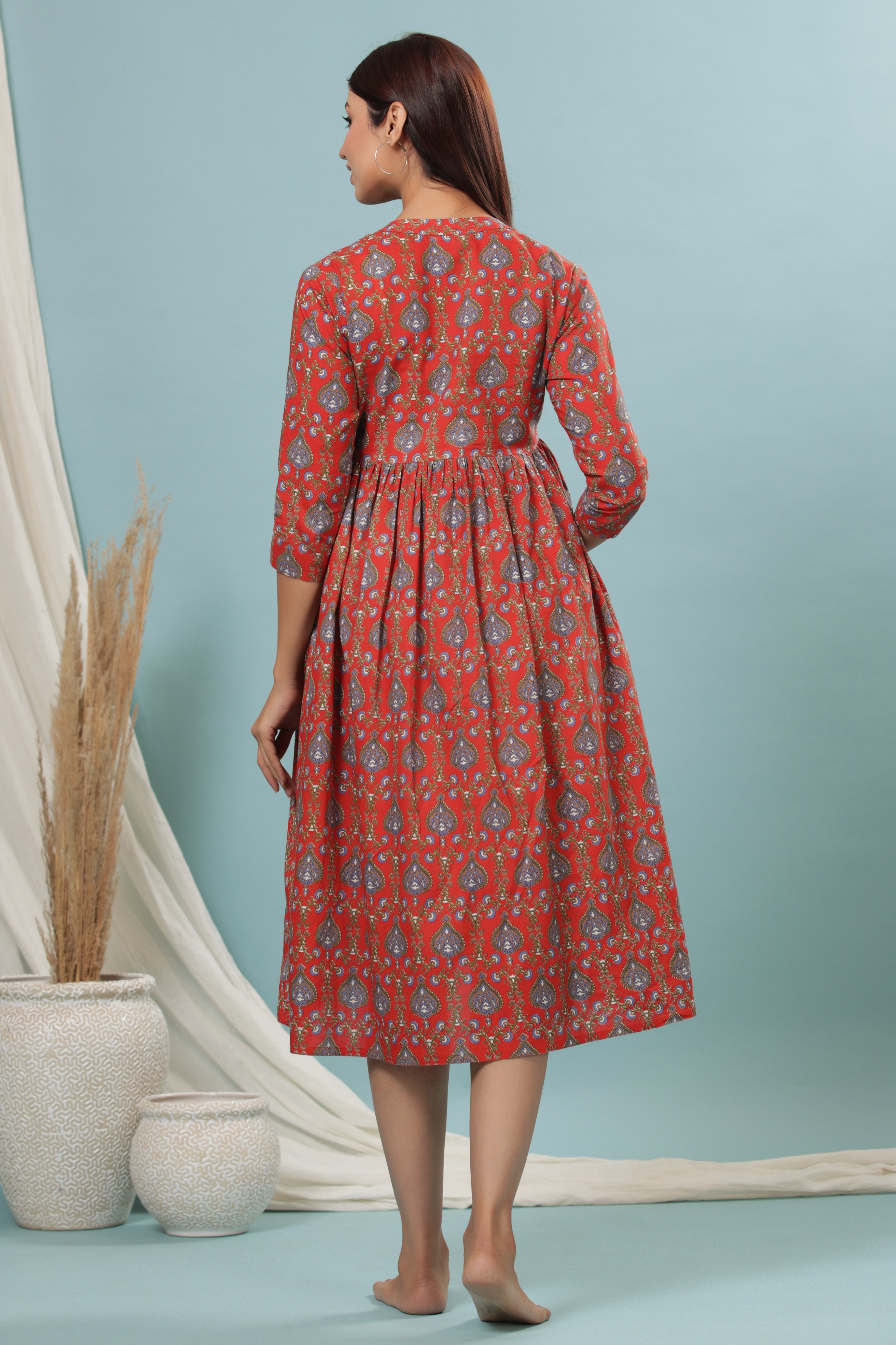 CRIMSON RED COTTON MATERNITY - NURSING DRESS