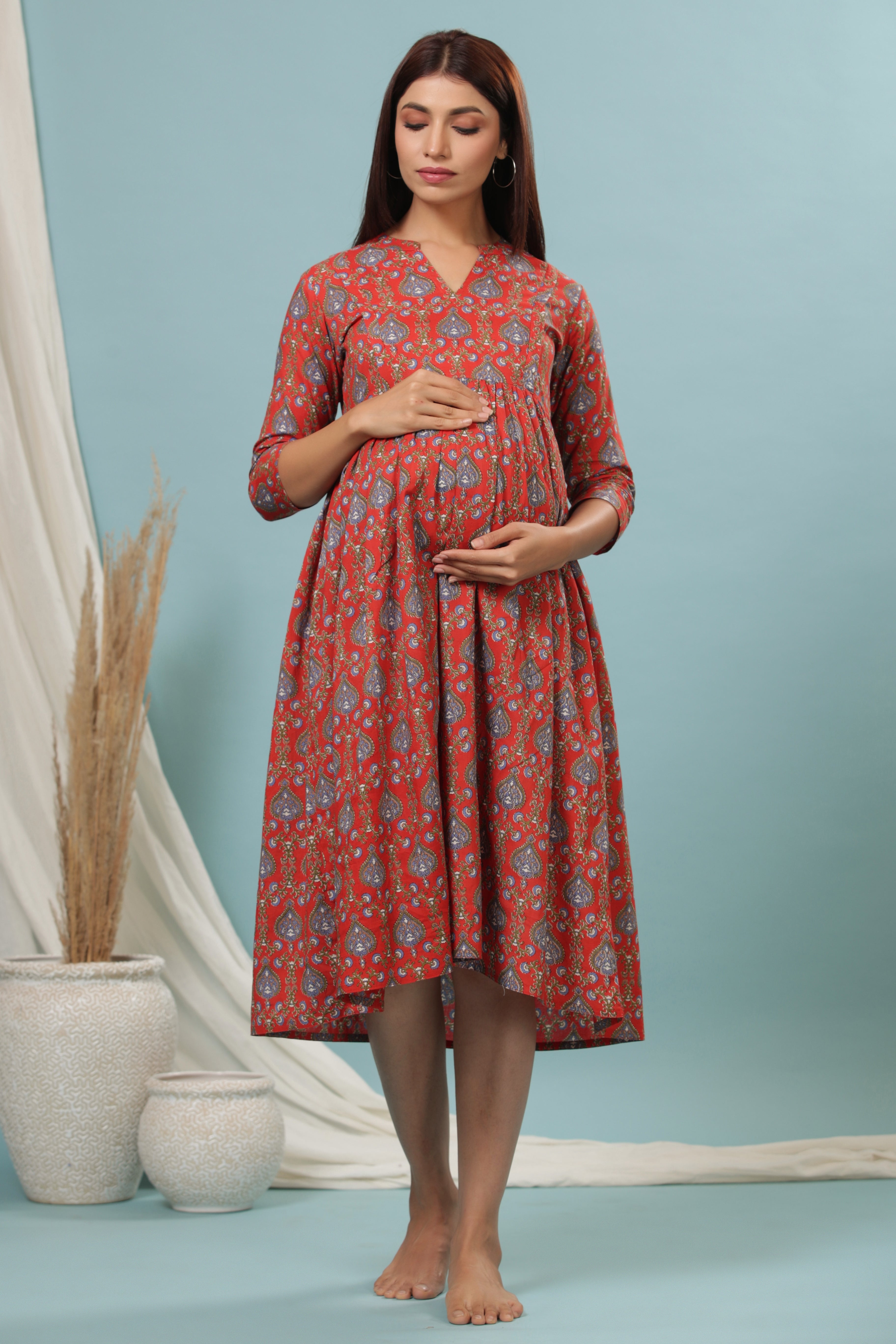 CRIMSON RED COTTON MATERNITY - NURSING DRESS