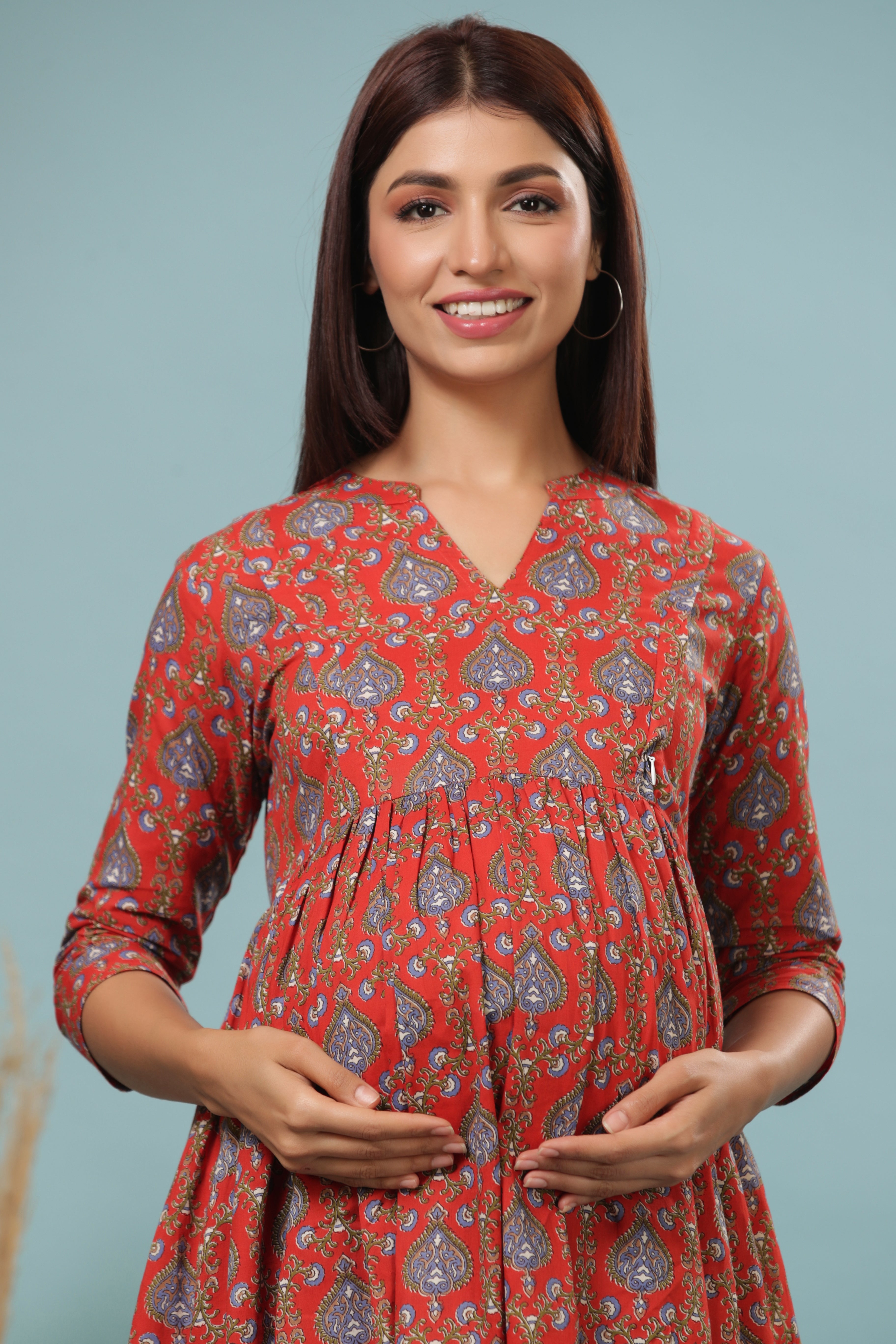 CRIMSON RED COTTON MATERNITY - NURSING DRESS